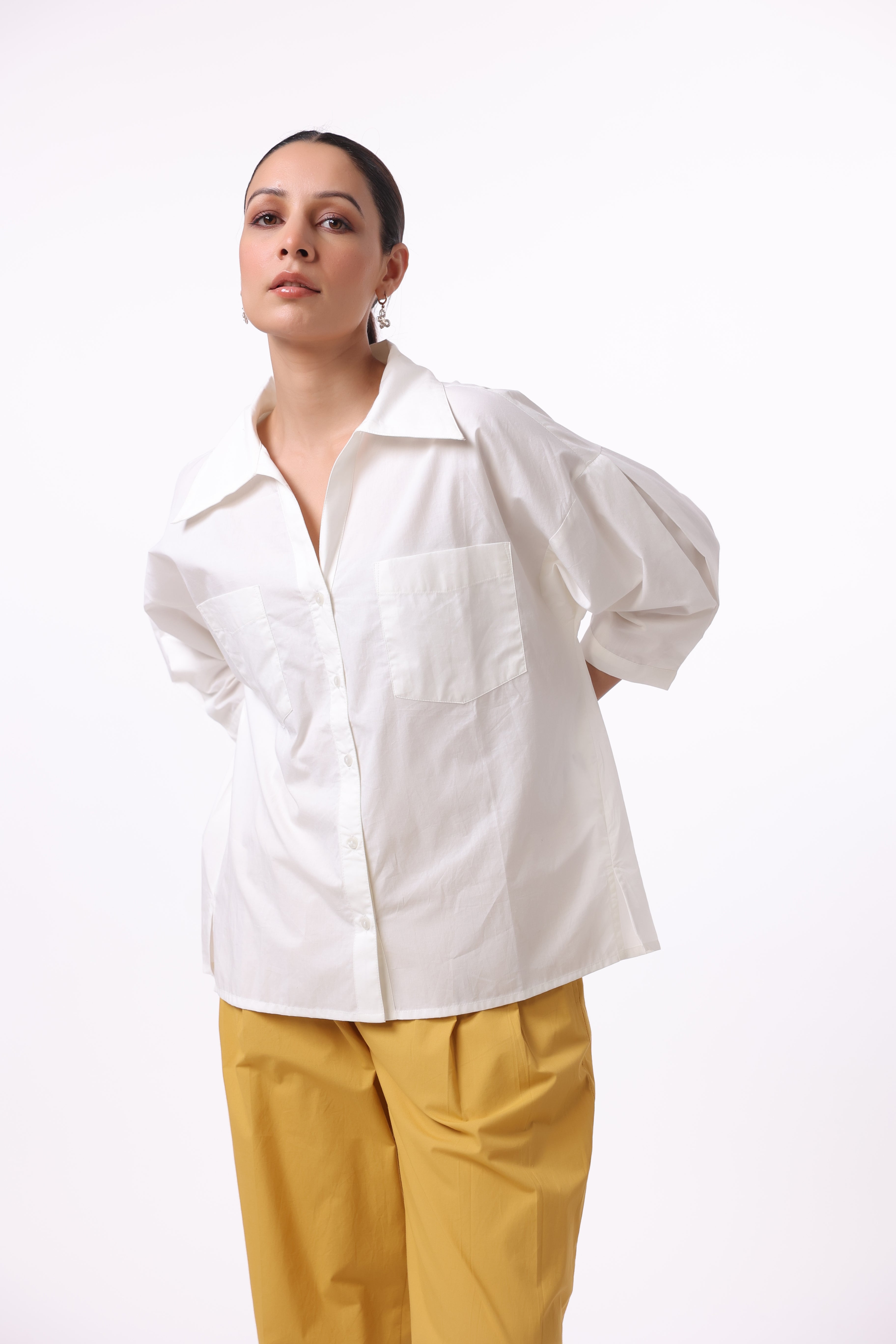 Women’s White Cotton Shirt with Yellow Cotton Pant Co-Ord Set