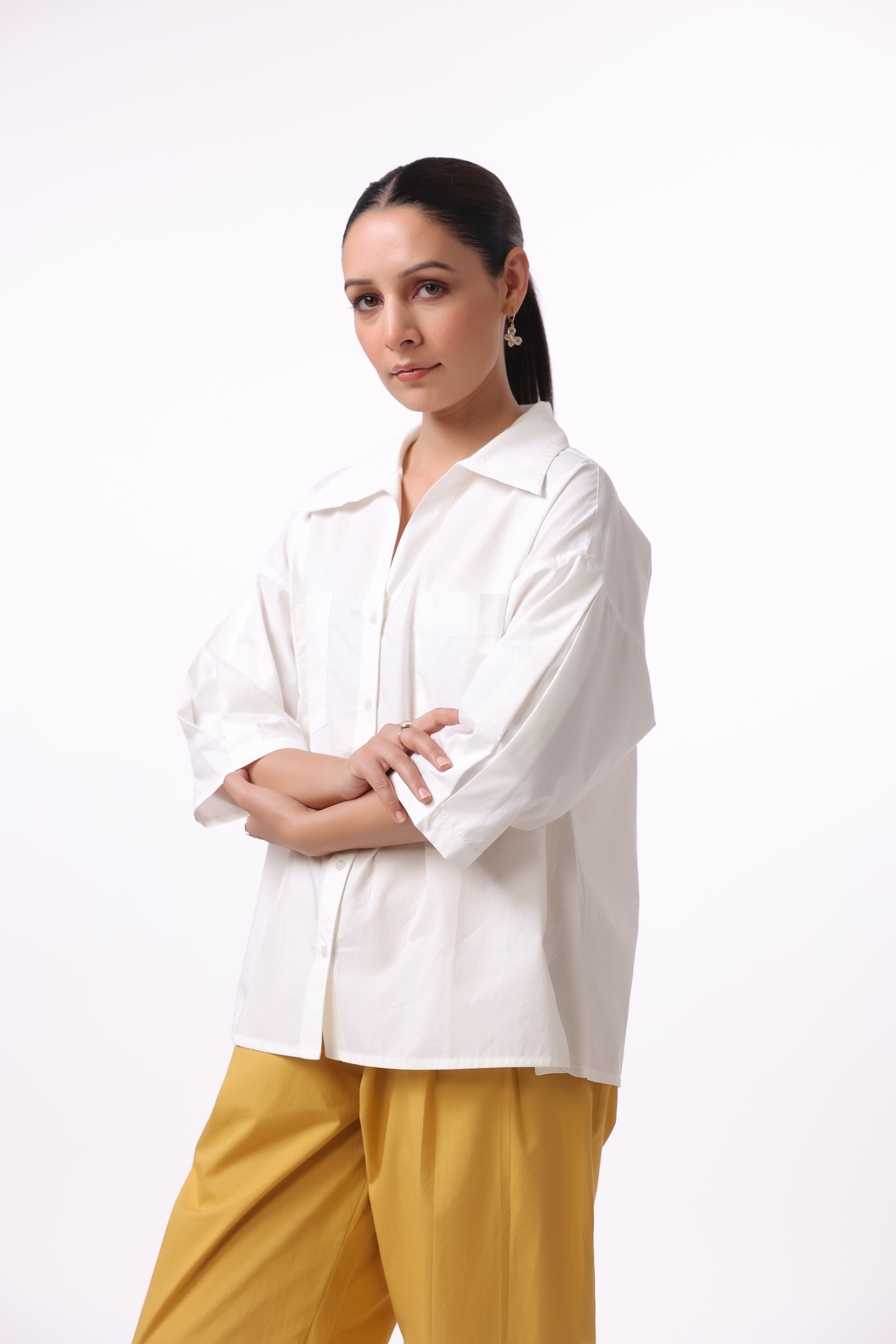 Women’s White Cotton Shirt with Yellow Cotton Pant Co-Ord Set