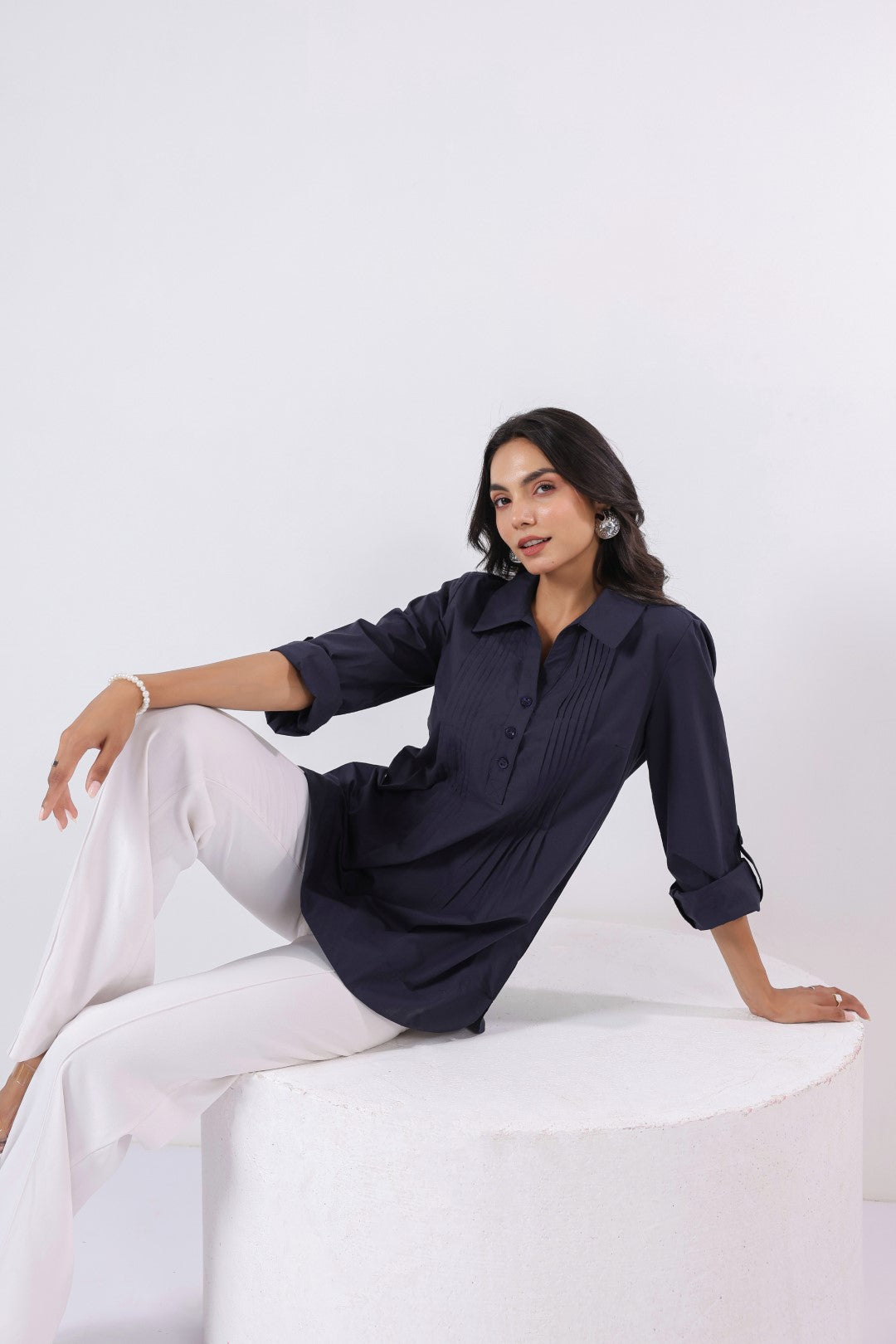 Women’s Navy Cotton Poplin Top