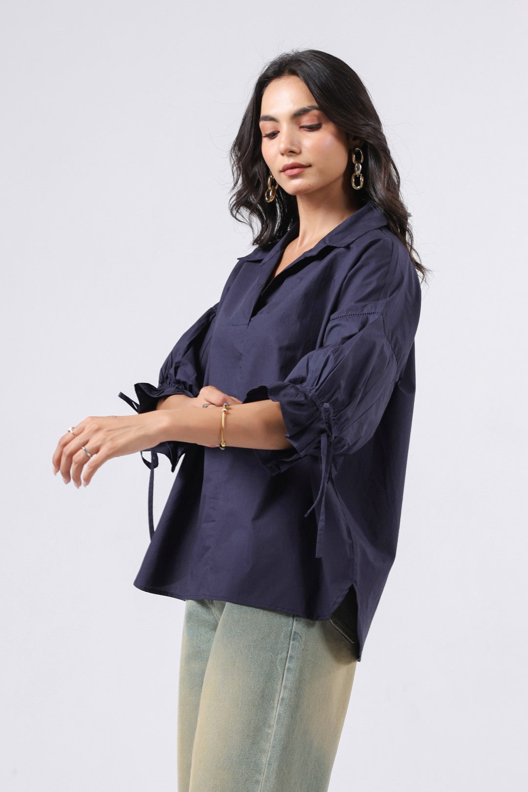 Women’s Navy Cotton Poplin Top
