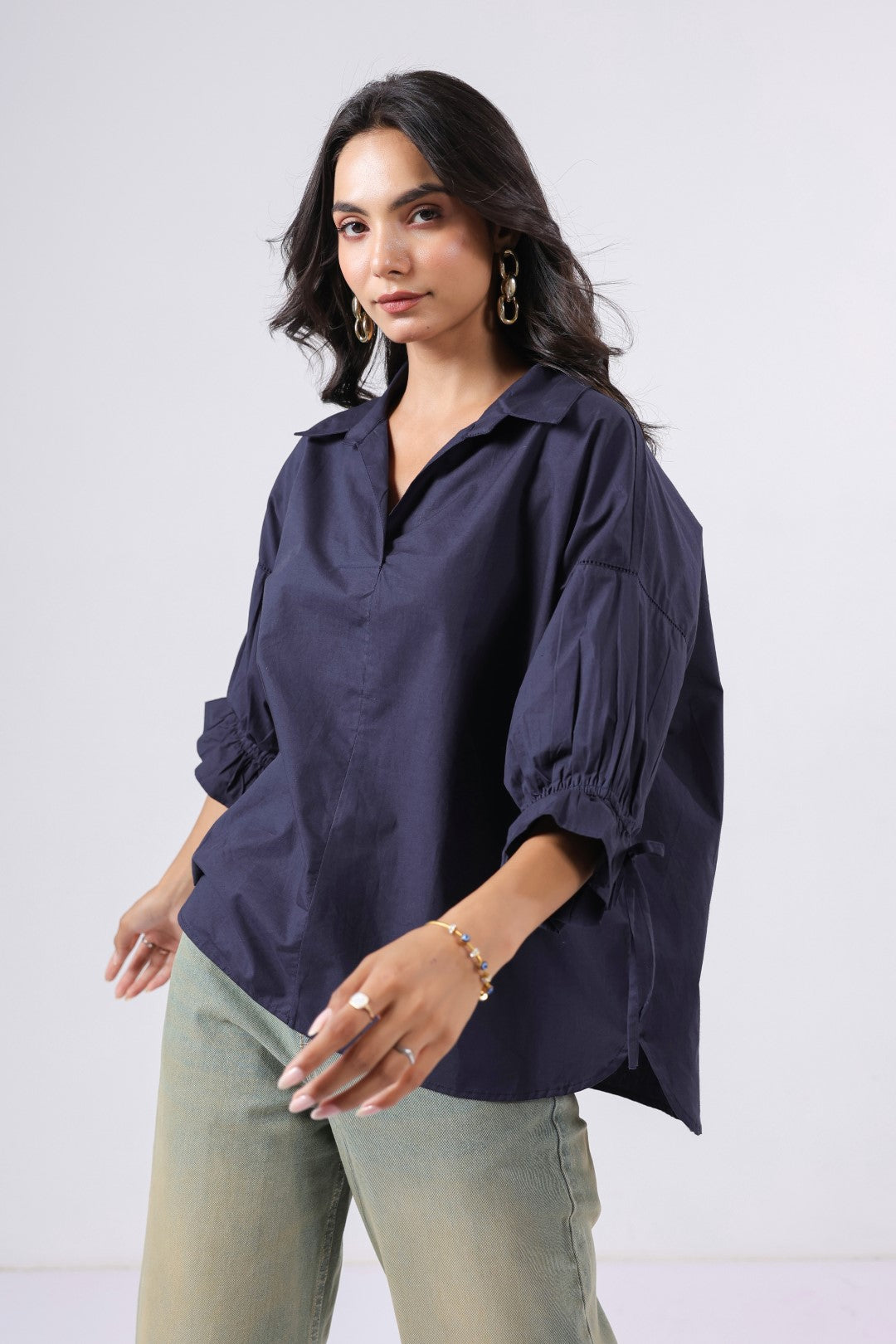 Women’s Navy Cotton Poplin Top