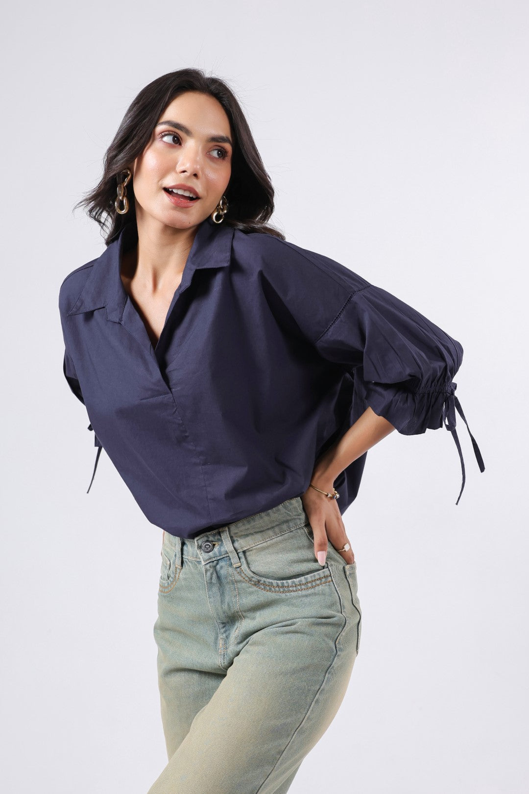 Women’s Navy Cotton Poplin Top