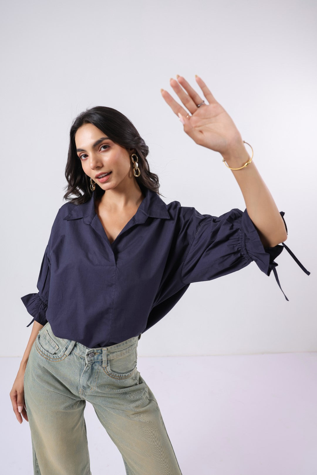 Women’s Navy Cotton Poplin Top
