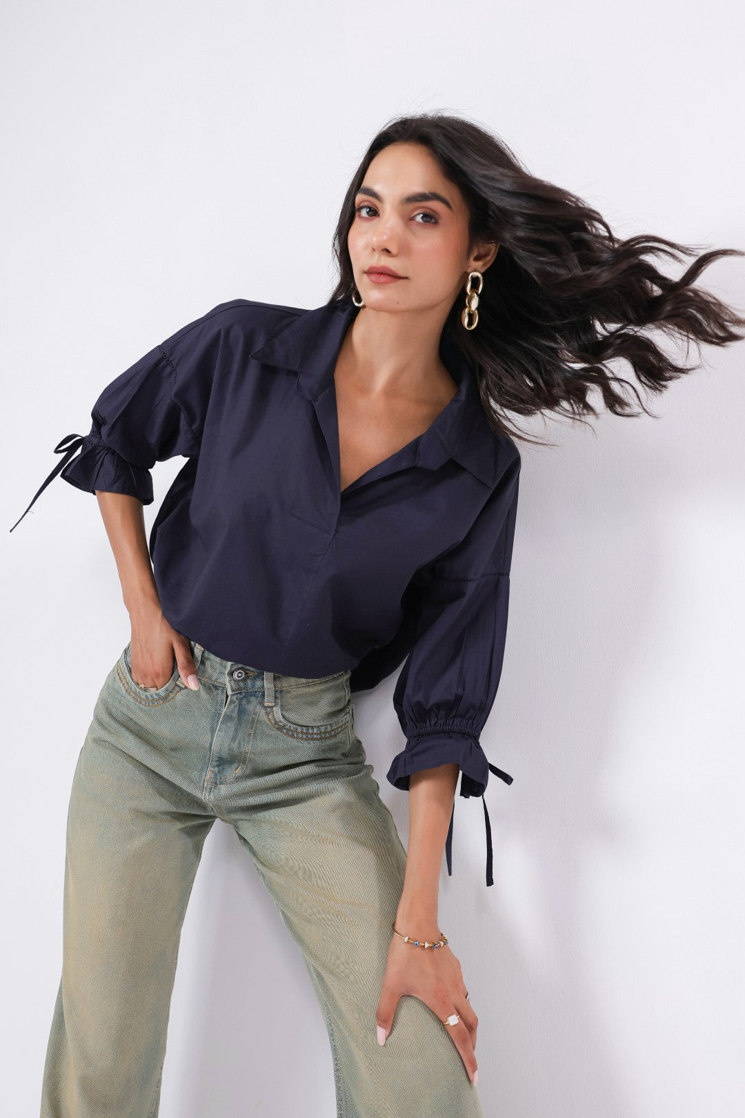 Women’s Navy Cotton Poplin Top