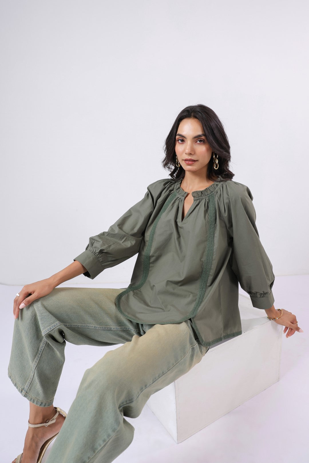 Women's green cotton tops