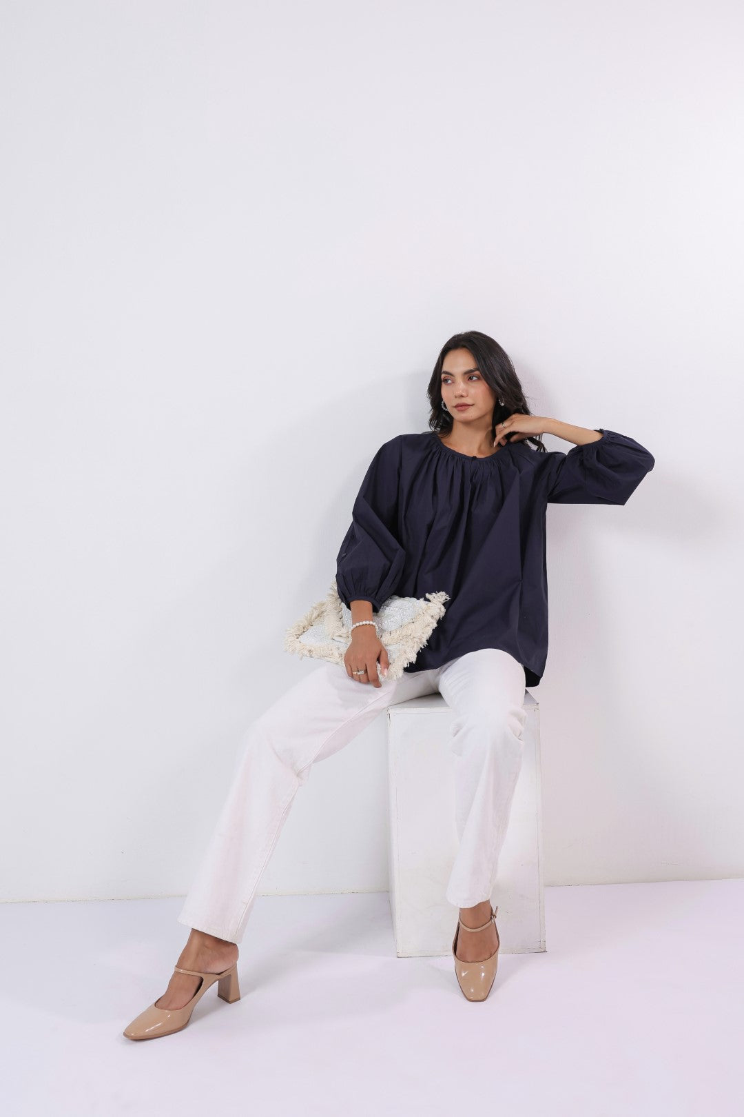 Women’s Navy Cotton Poplin Top
