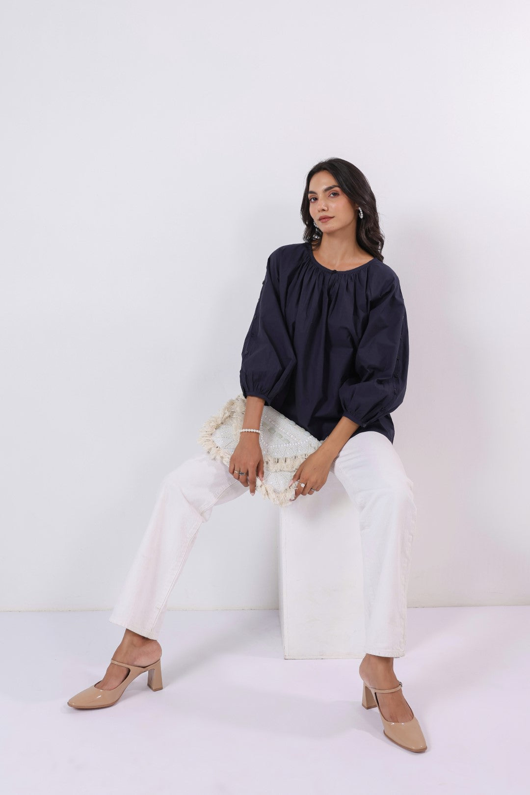 Women’s Navy Cotton Poplin Top