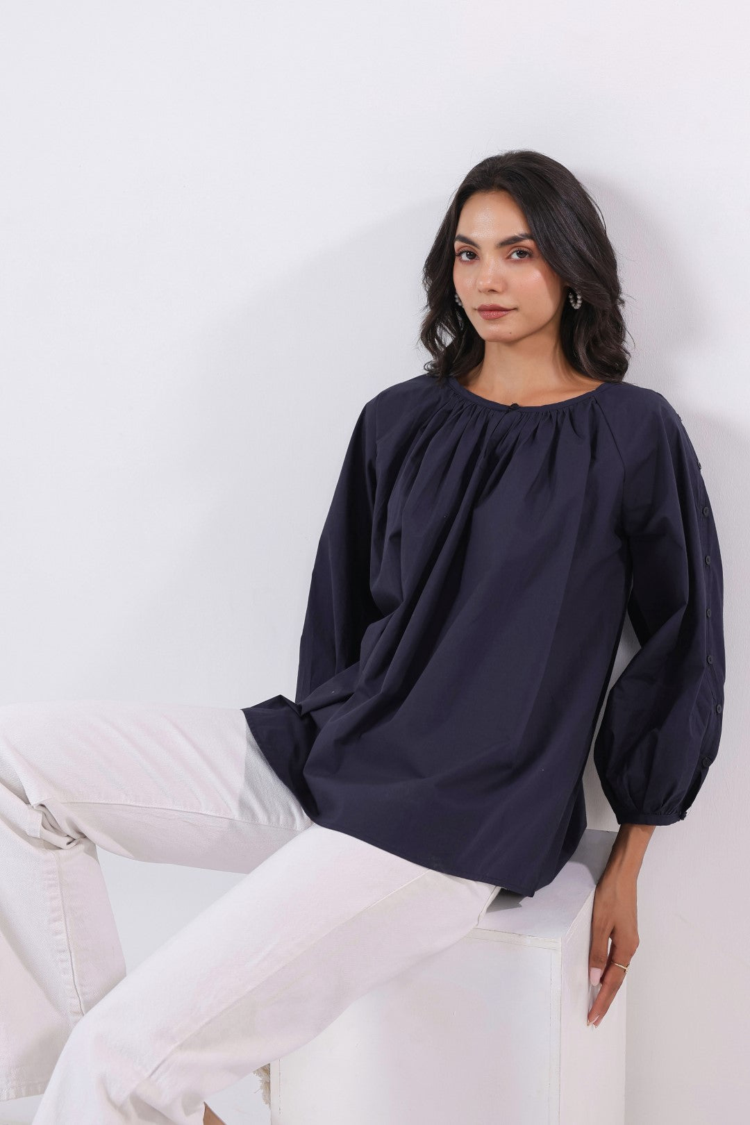 Women’s Navy Cotton Poplin Top