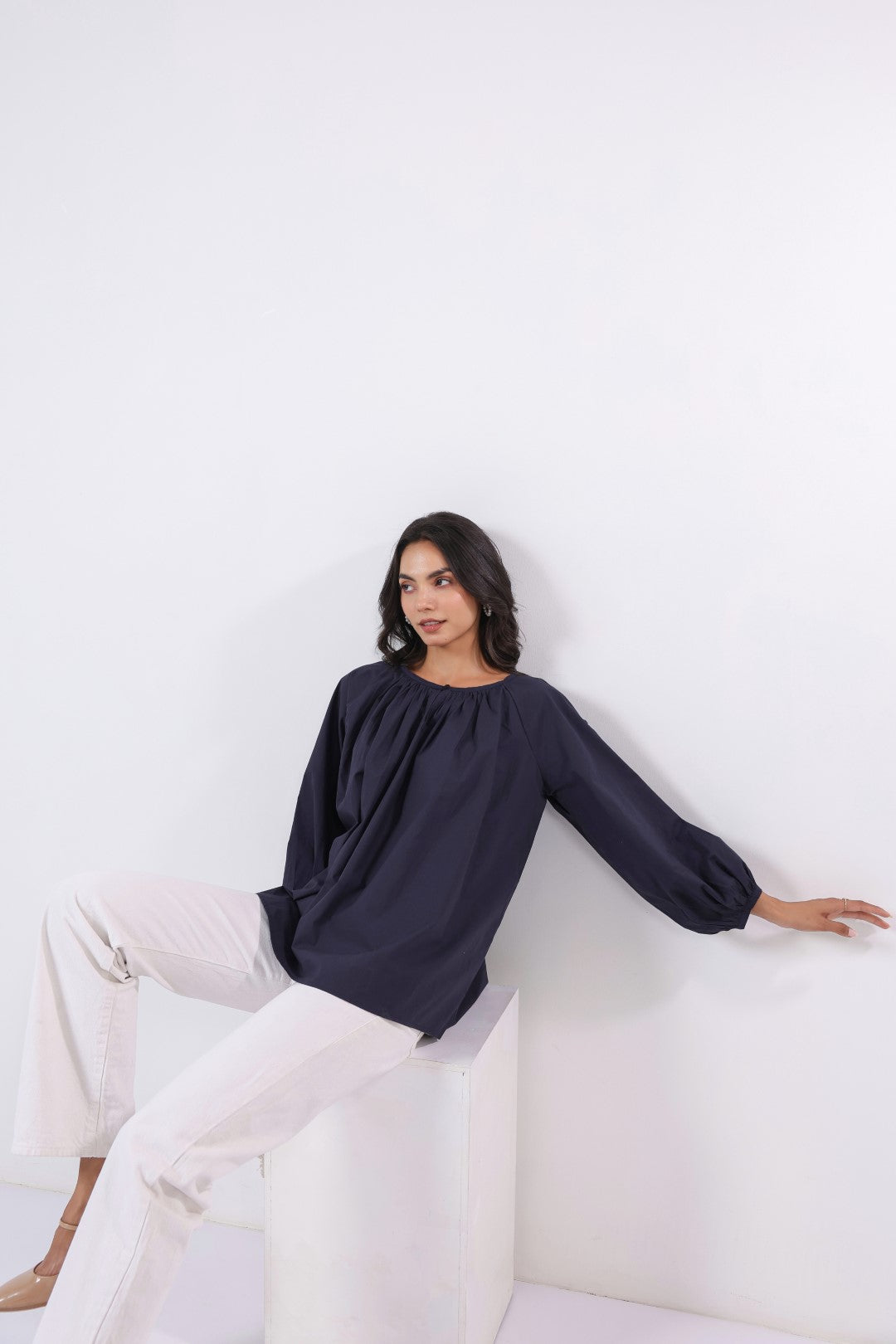 Women’s Navy Cotton Poplin Top