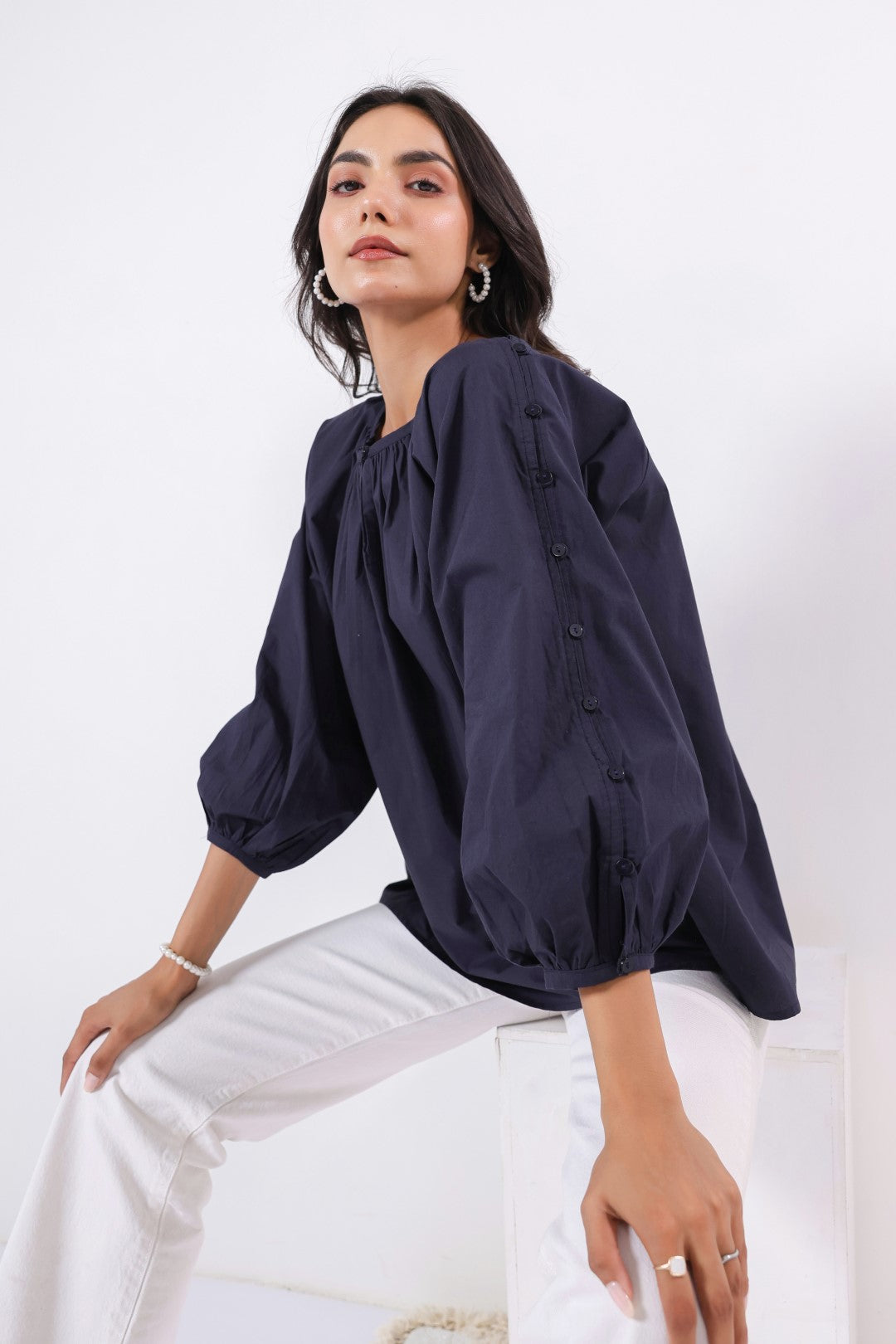 Women’s Navy Cotton Poplin Top