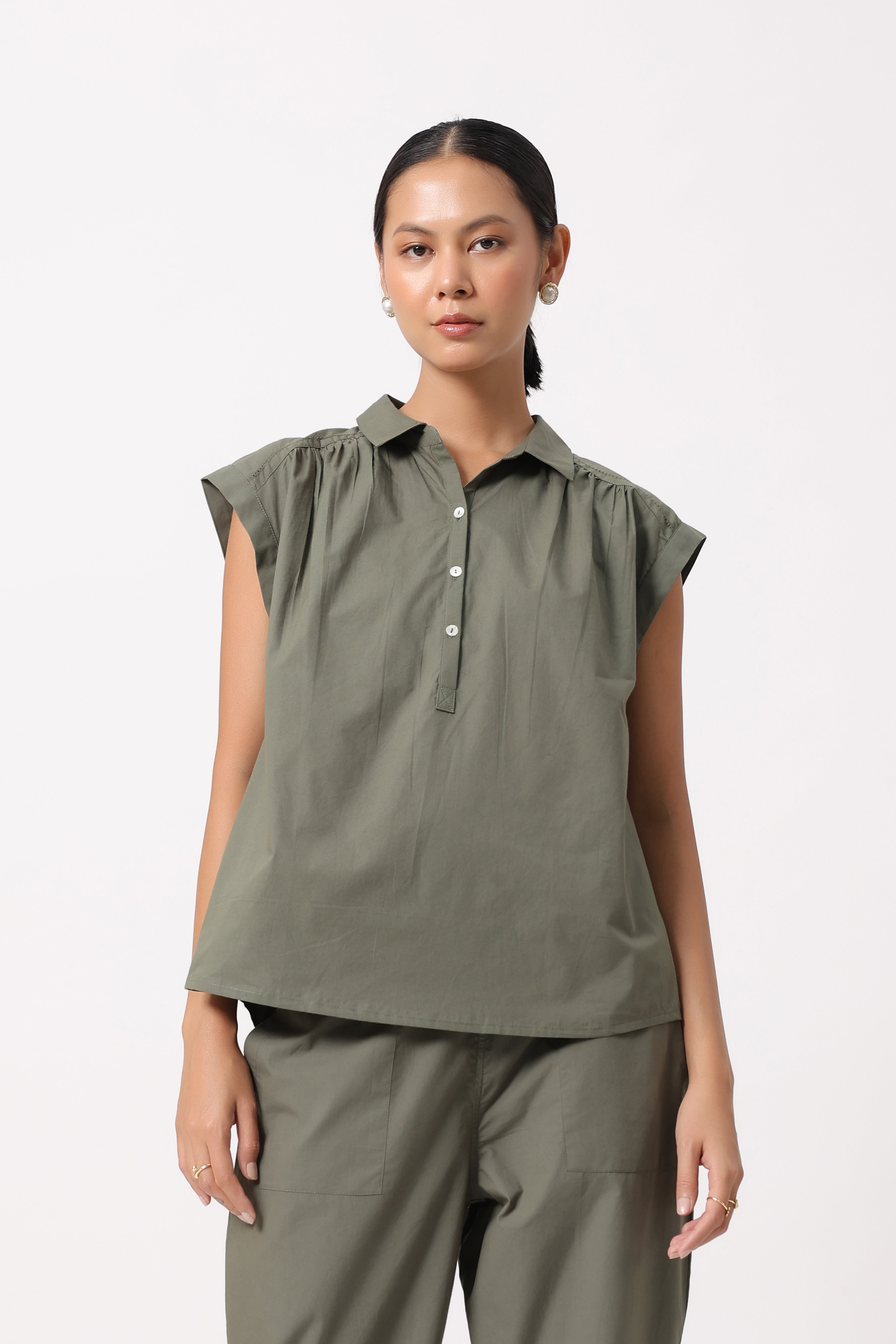 Women’s Olive Green Cotton Top with Olive Green Pants Co-Ord Set
