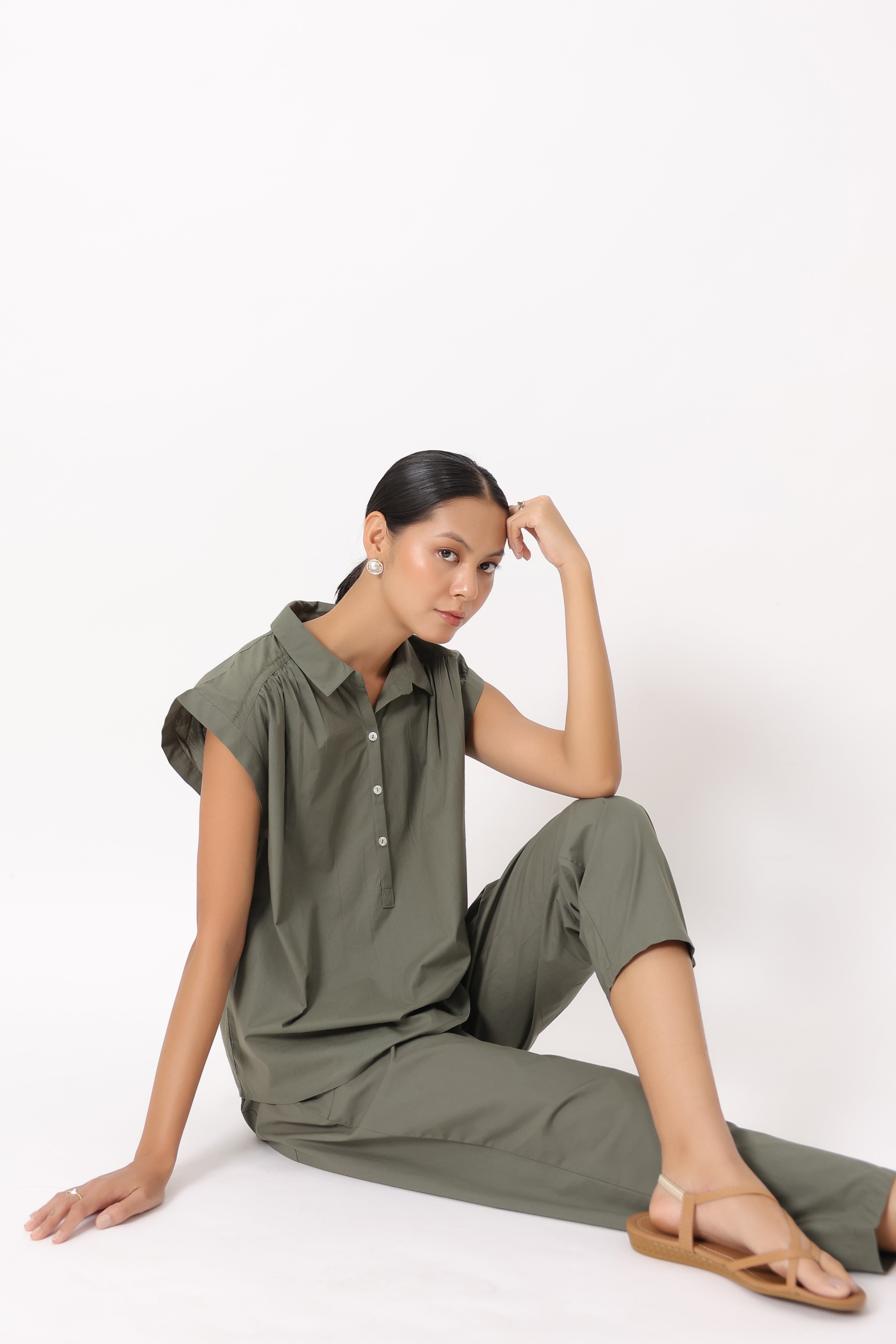 Women’s Olive Green Cotton Top with Olive Green Pants Co-Ord Set
