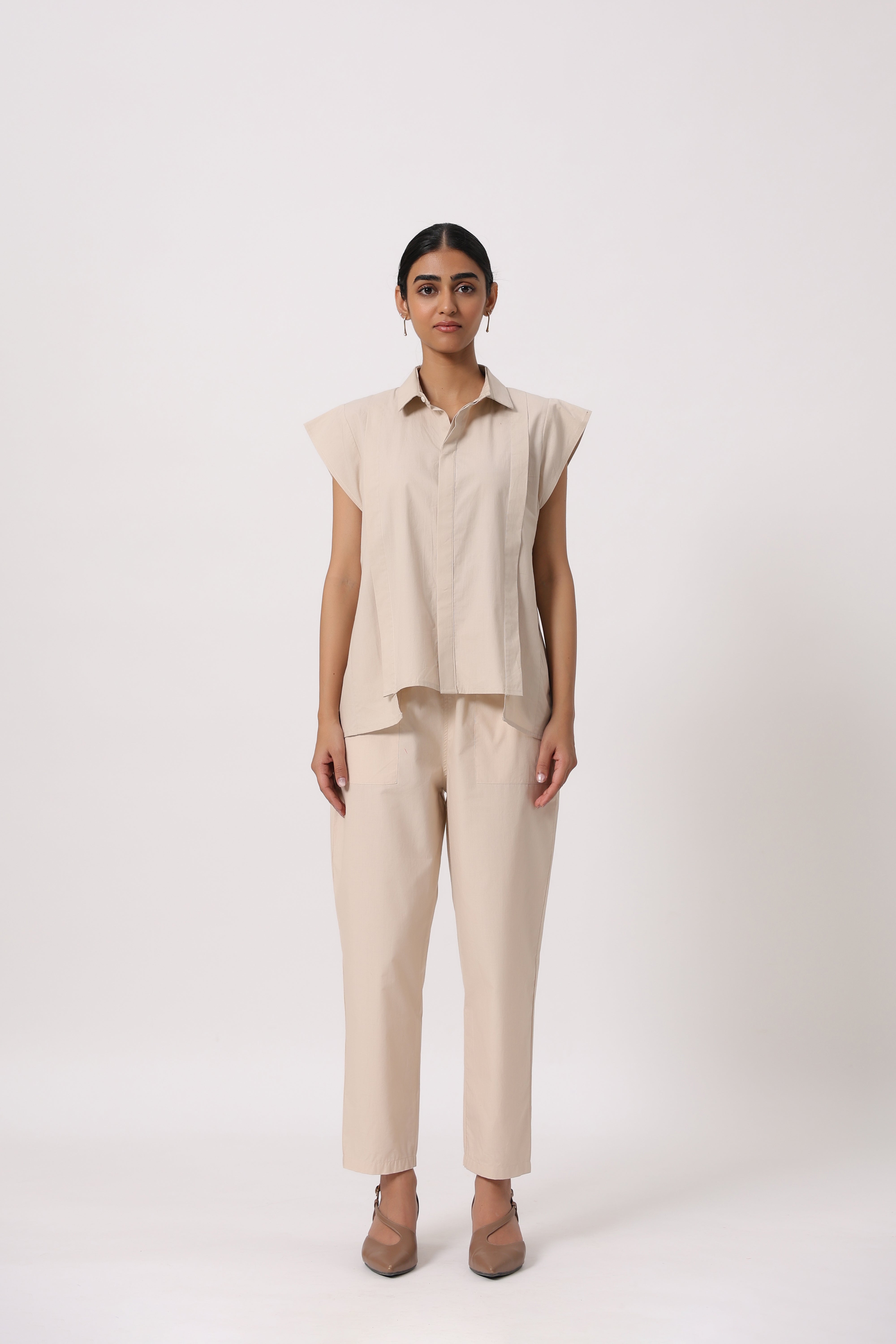 Women’s Beige Cotton Top with Beige Pants Co-Ord Set