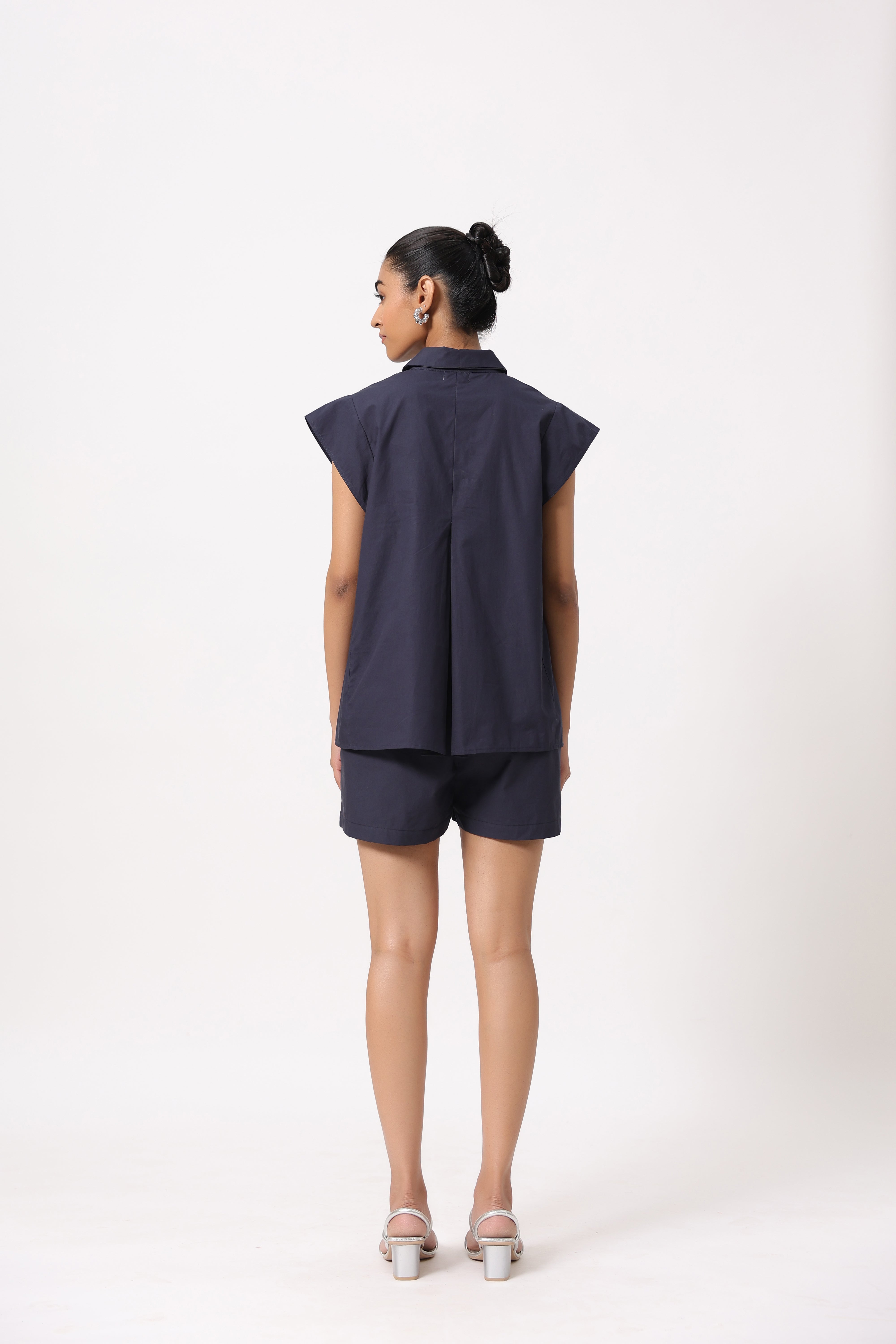 MUUN Women Navy Solid Cotton Short Sleeve Shirt Collar Co-Ord Set