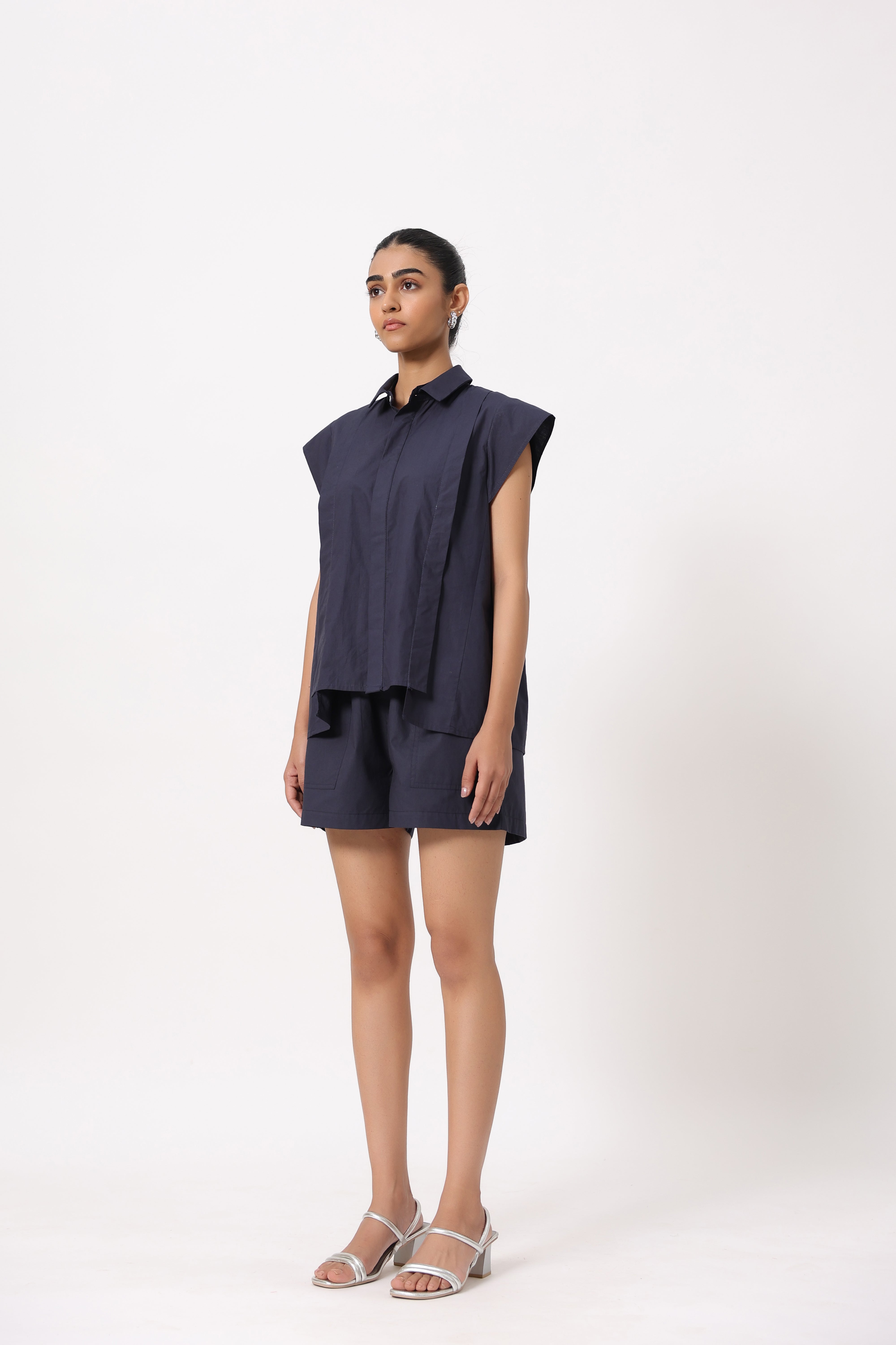 MUUN Women Navy Solid Cotton Short Sleeve Shirt Collar Co-Ord Set