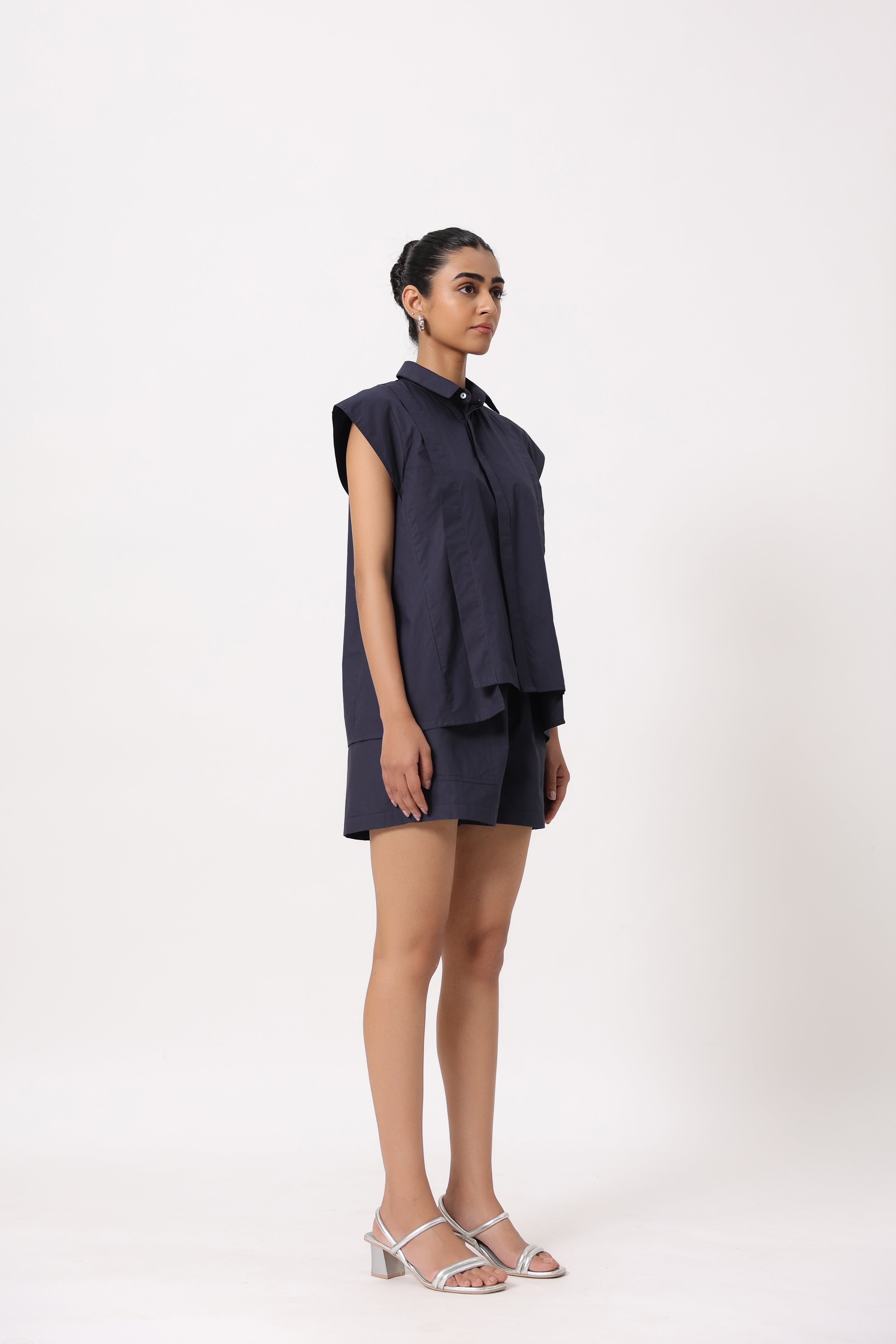MUUN Women Navy Solid Cotton Short Sleeve Shirt Collar Co-Ord Set