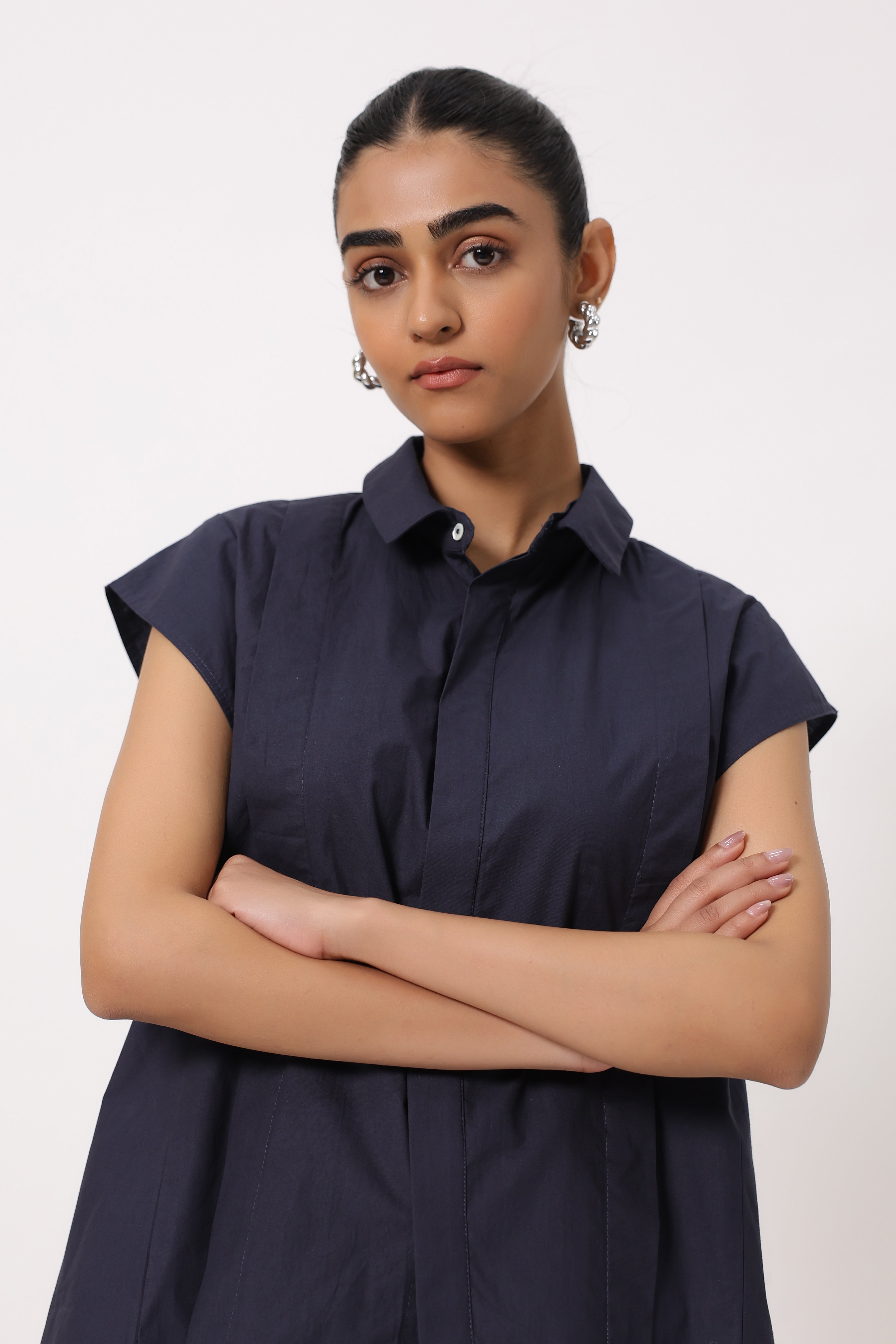 MUUN Women Navy Solid Cotton Short Sleeve Shirt Collar Co-Ord Set