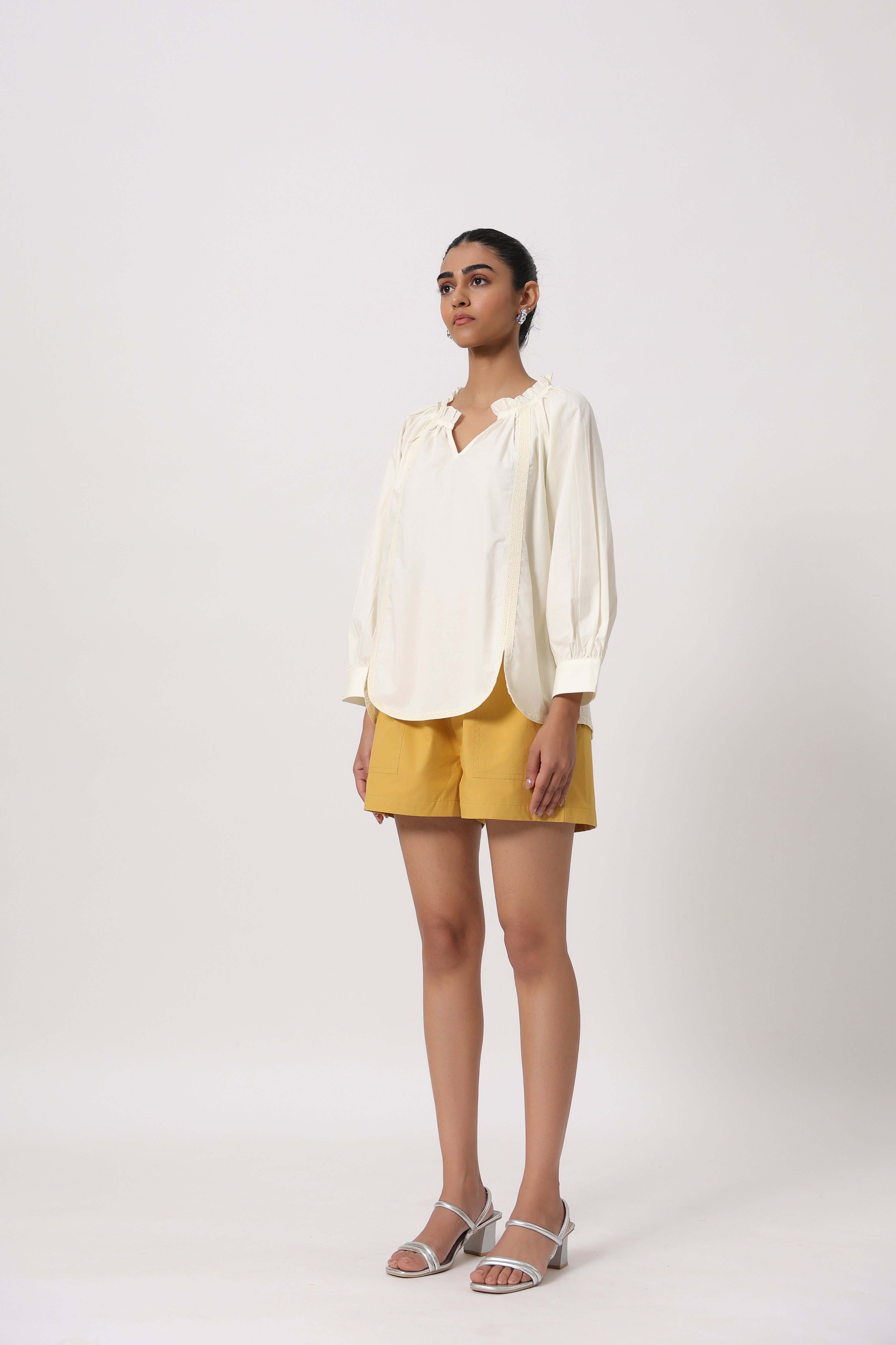 Women’s Off-White Cotton Top with Yellow Shorts Co-Ord Set