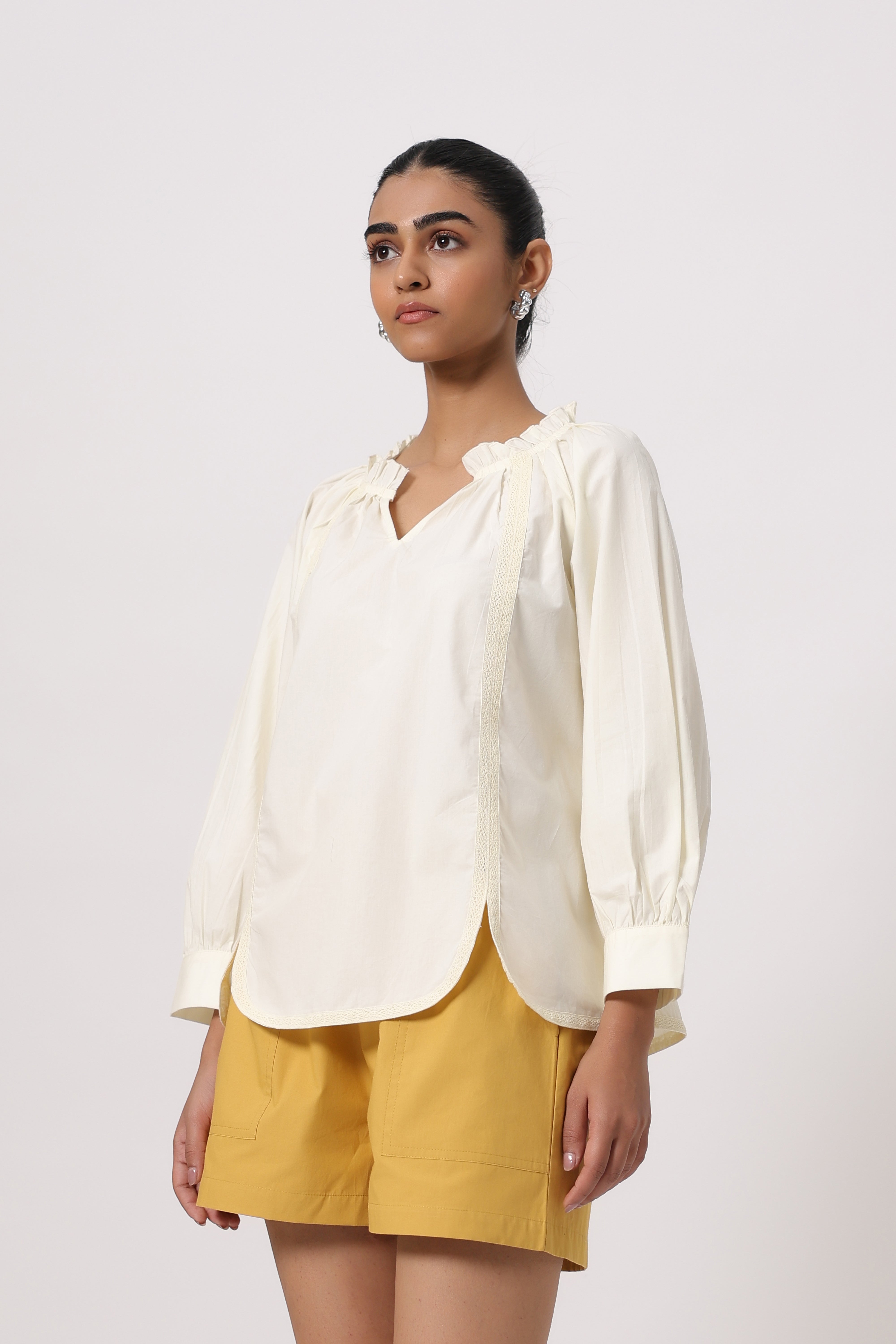 Women’s Off-White Cotton Top with Yellow Shorts Co-Ord Set