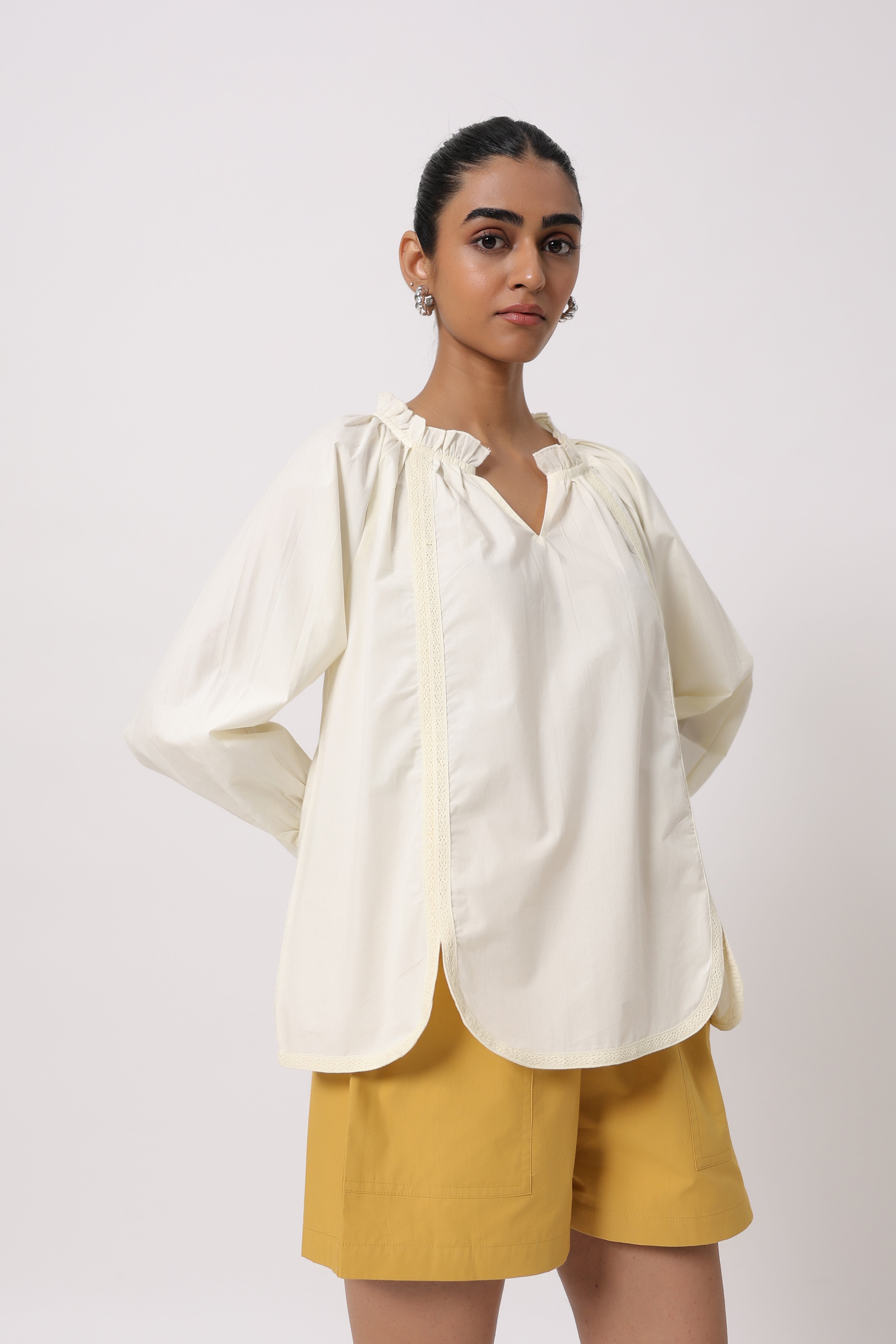 Women’s Off-White Cotton Top with Yellow Shorts Co-Ord Set