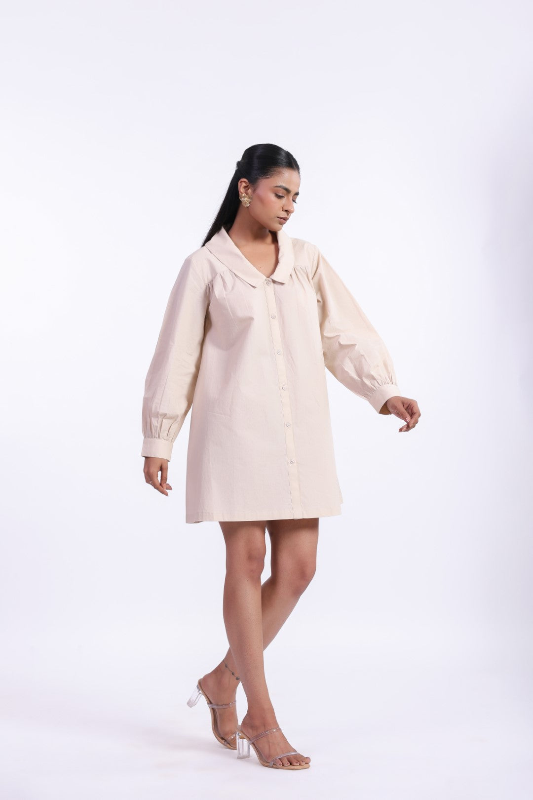 MUUN Women's Beige Solid Cotton Dress