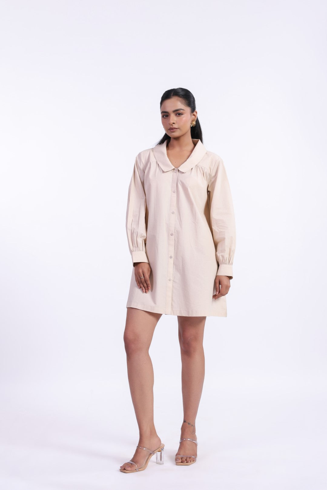 MUUN Women's Beige Solid Cotton Dress