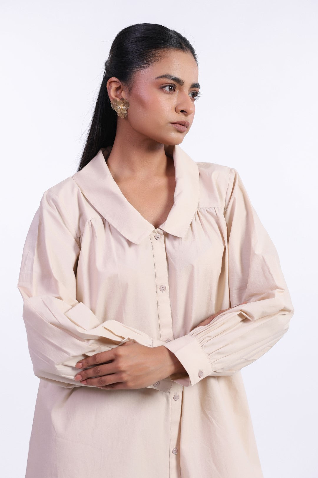 MUUN Women's Beige Solid Cotton Dress