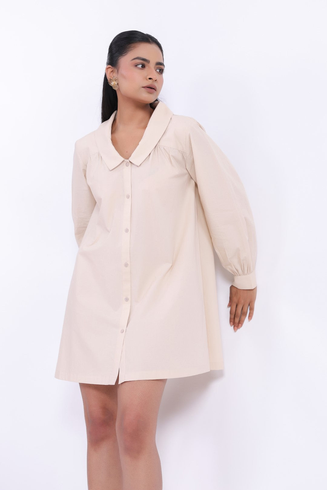 MUUN Women's Beige Solid Cotton Dress