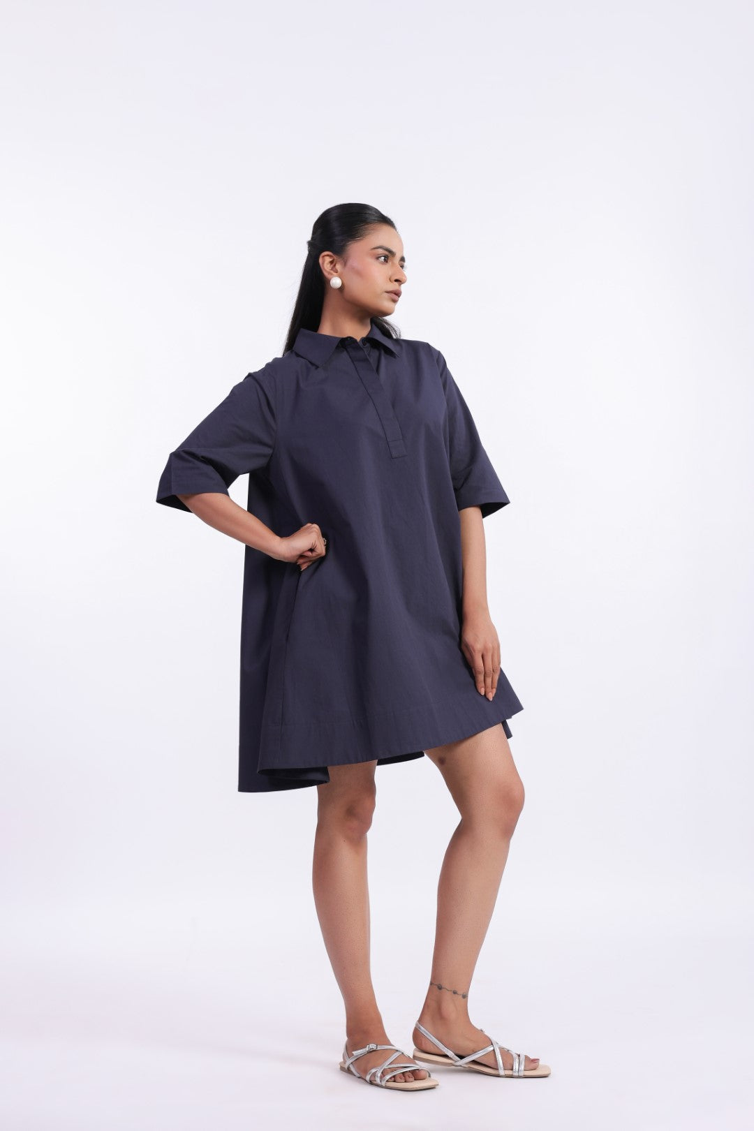 MUUN Women's Navy Solid Cotton Dress