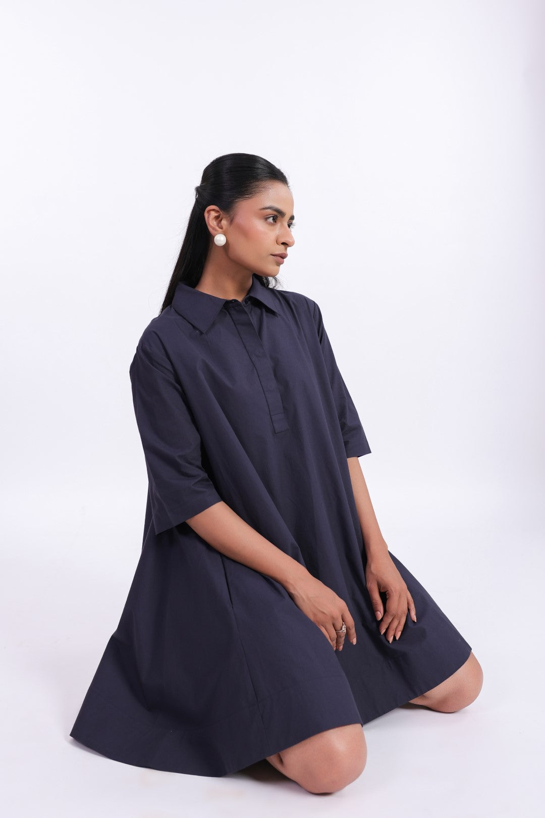 MUUN Women's Navy Solid Cotton Dress
