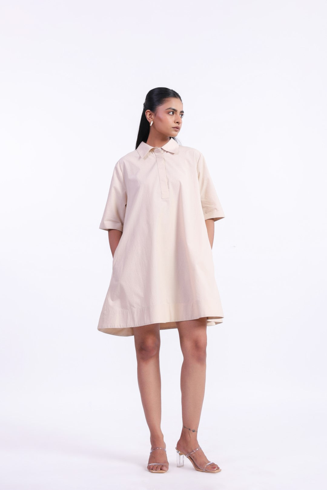 MUUN Women's Beige Solid Cotton Dress