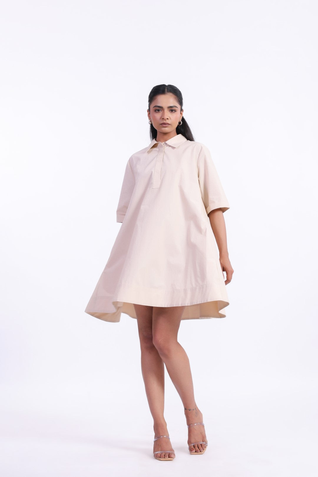 MUUN Women's Beige Solid Cotton Dress