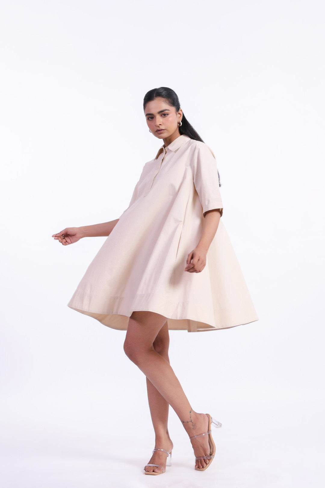 MUUN Women's Beige Solid Cotton Dress