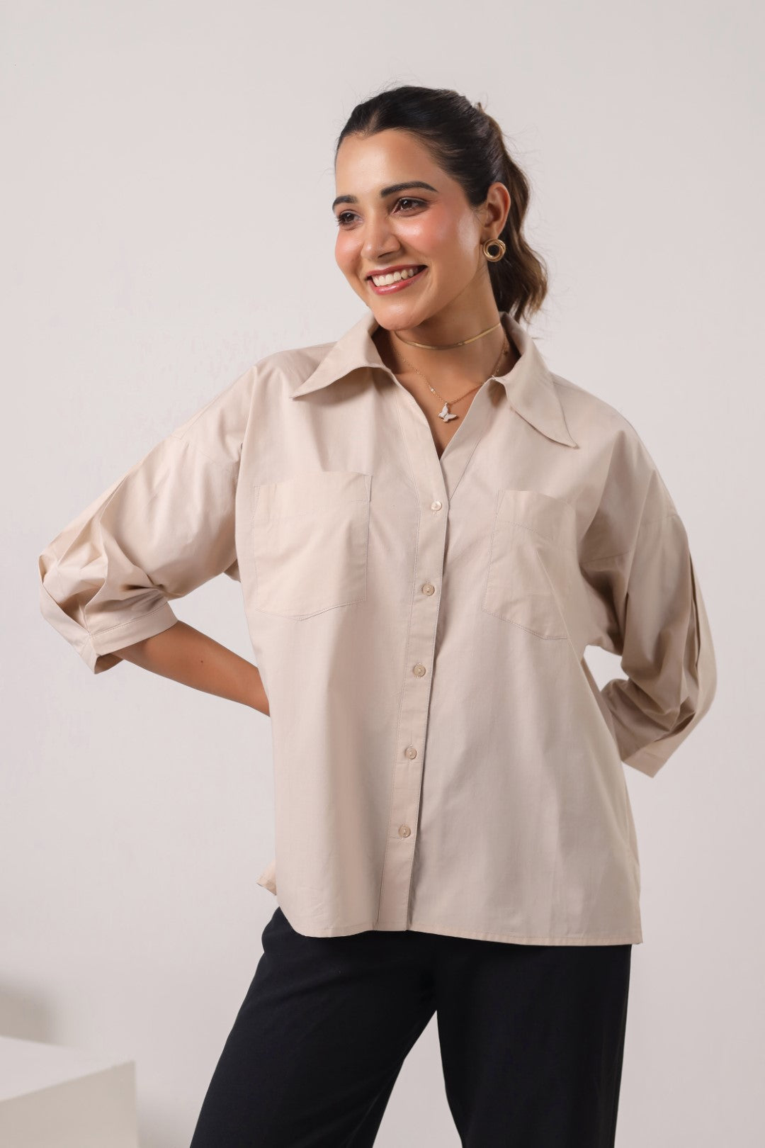 Women’s Beige Cotton Poplin Top