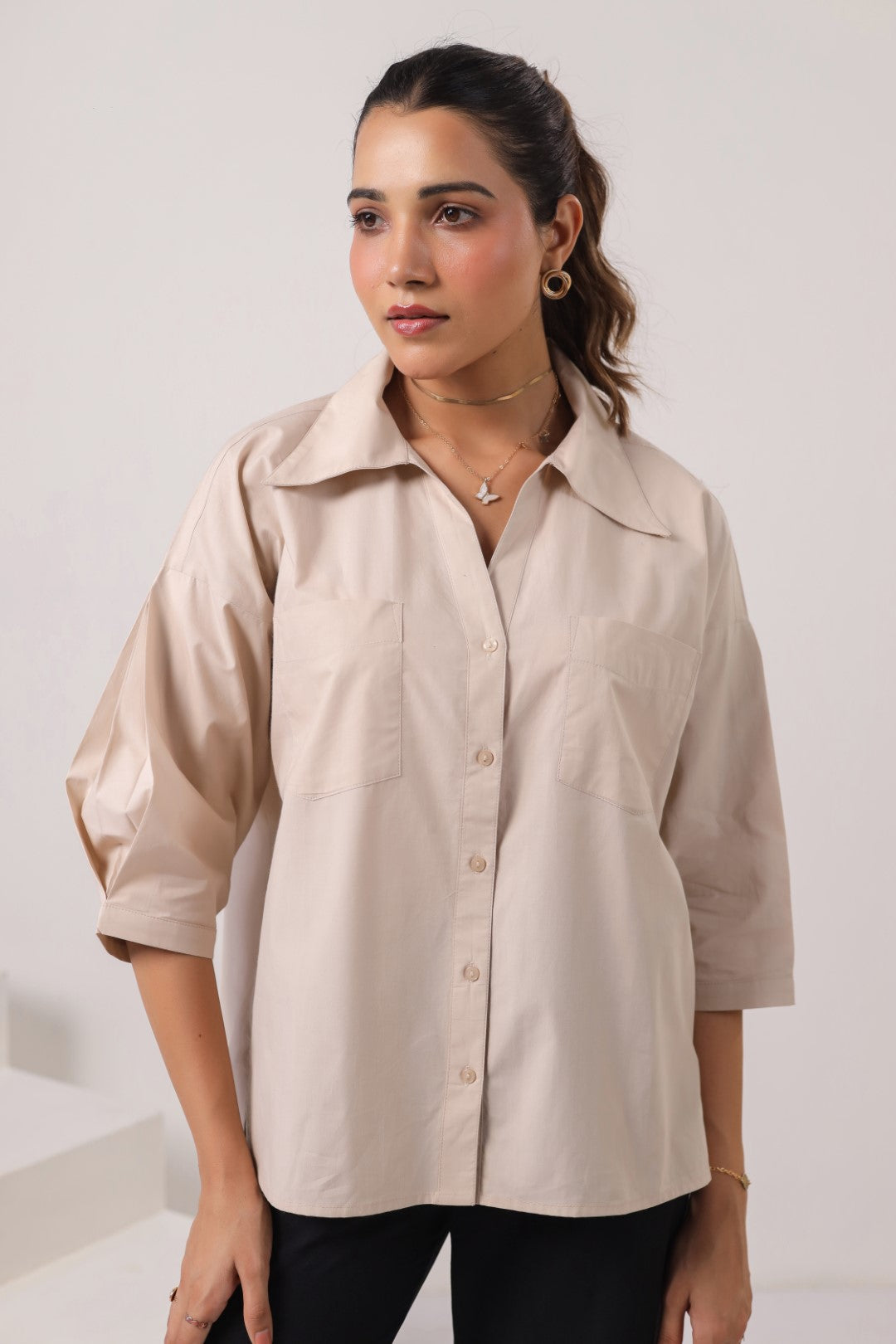 Women’s Beige Cotton Poplin Top