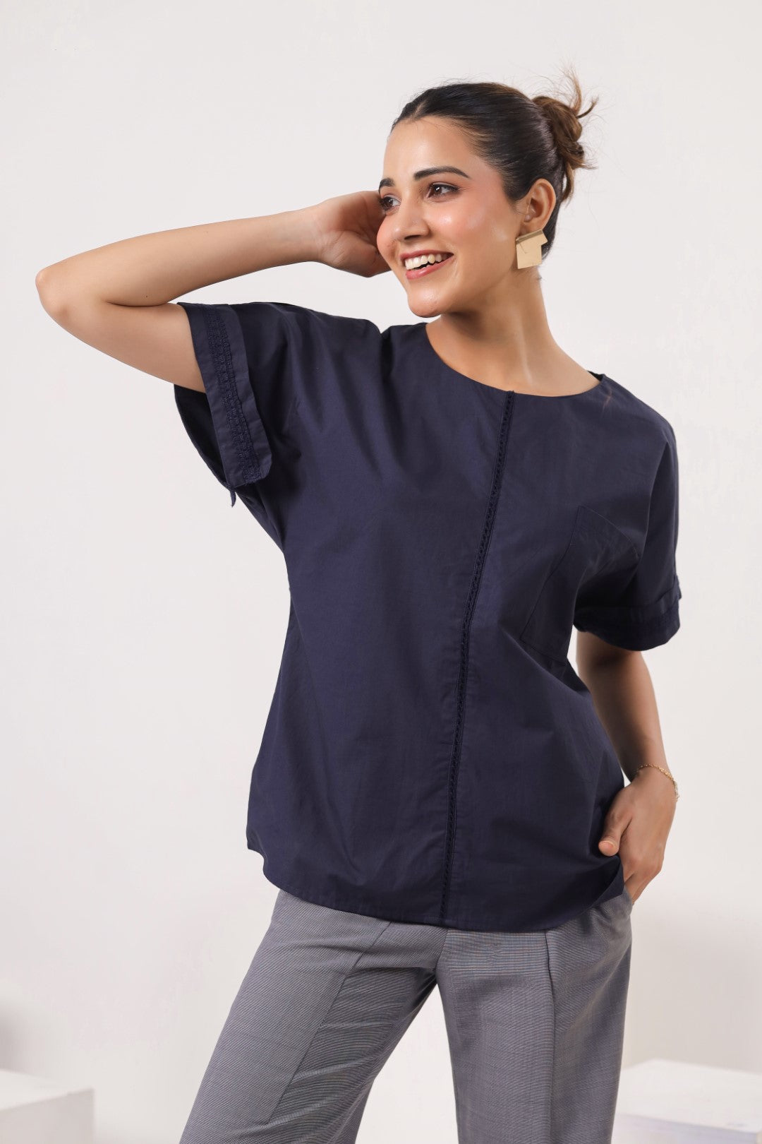 Women’s Navy Cotton Poplin Top