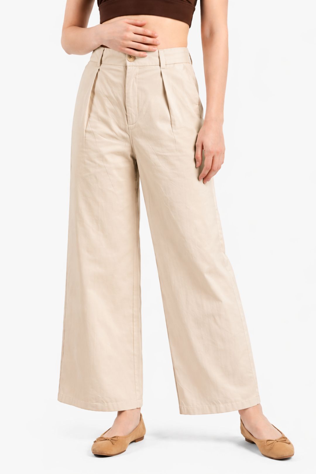 Women Beige Cotton Poplin Wide Leg Trouser | High Waist Straight Fit Pants