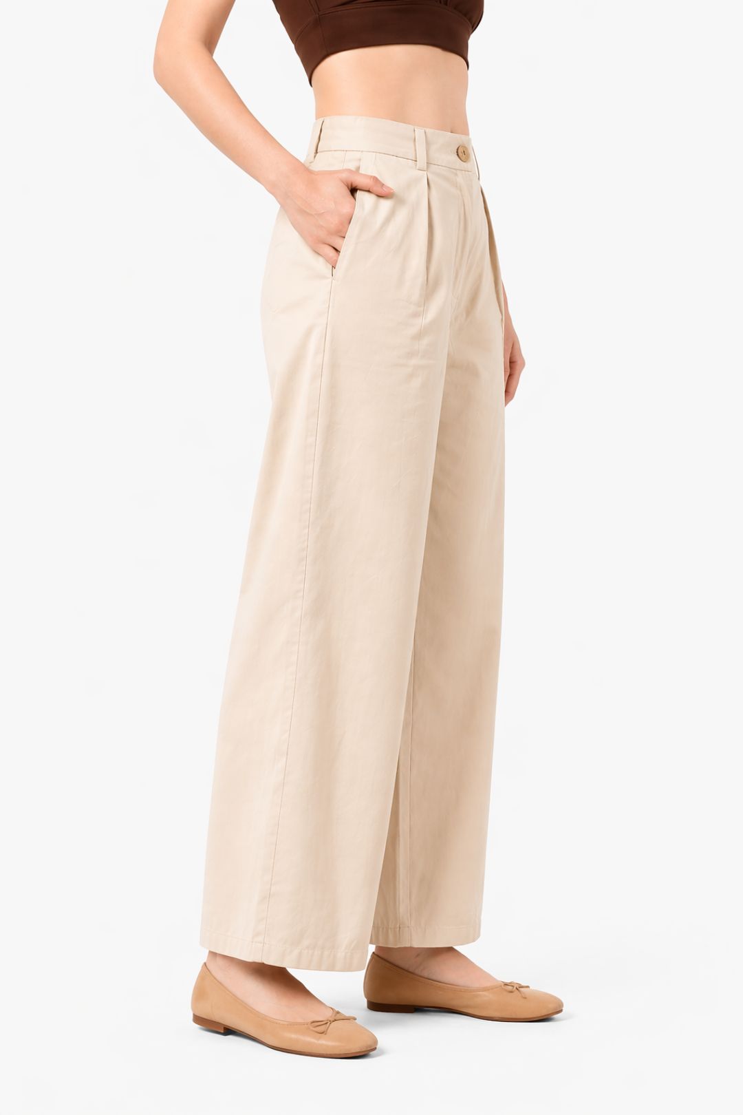 Women Beige Cotton Poplin Wide Leg Trouser | High Waist Straight Fit Pants
