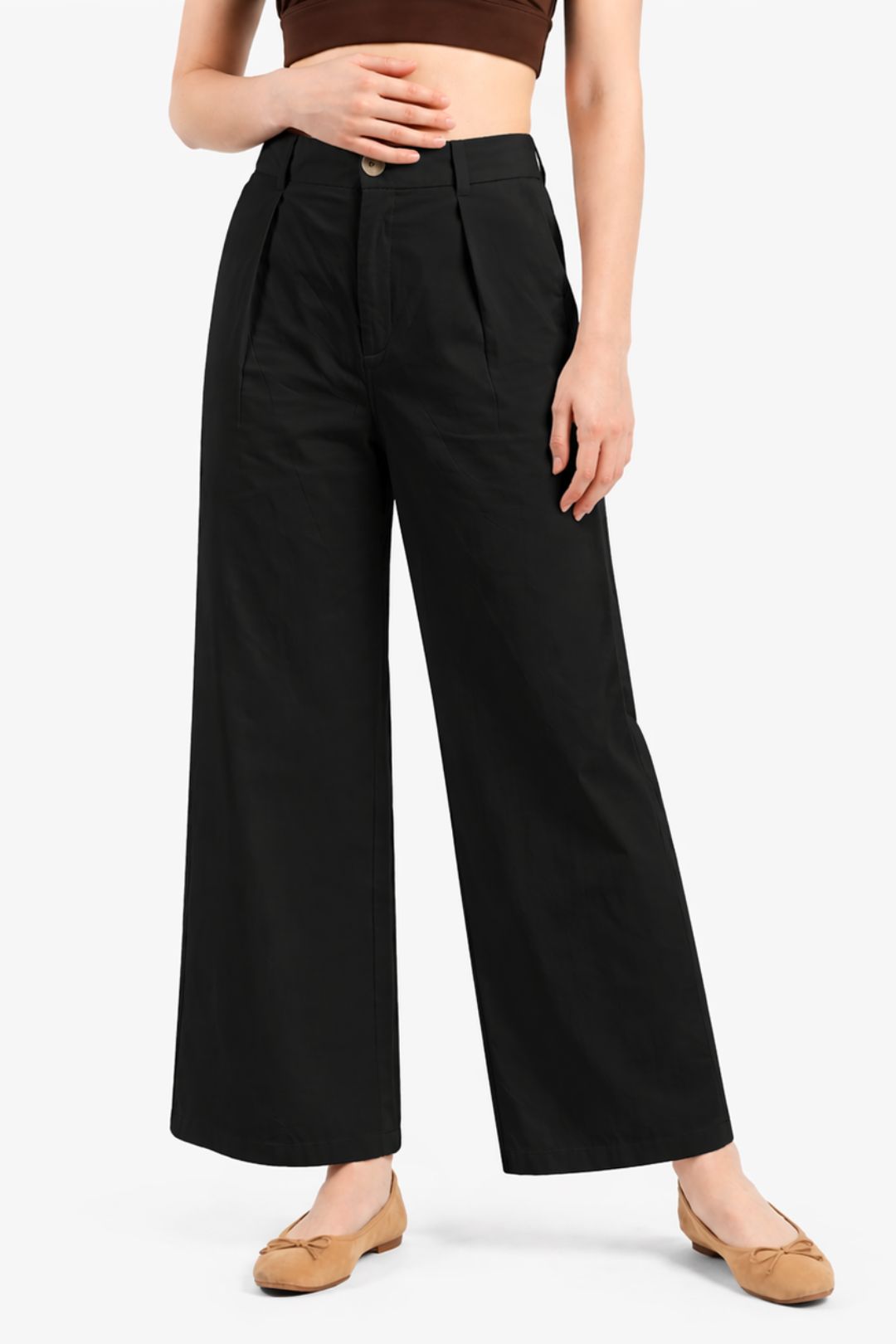 Women Black Cotton Poplin Wide Leg Trouser High Waist Straight Fit Pants