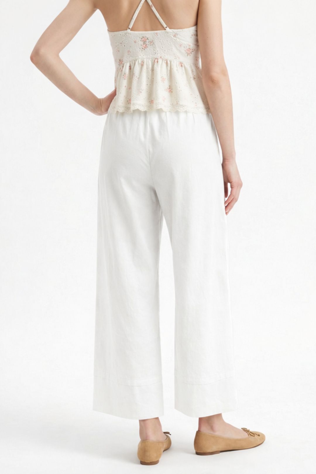 Women White Cotton Poplin Wide Leg Trouser High Waist Straight Fit Pants