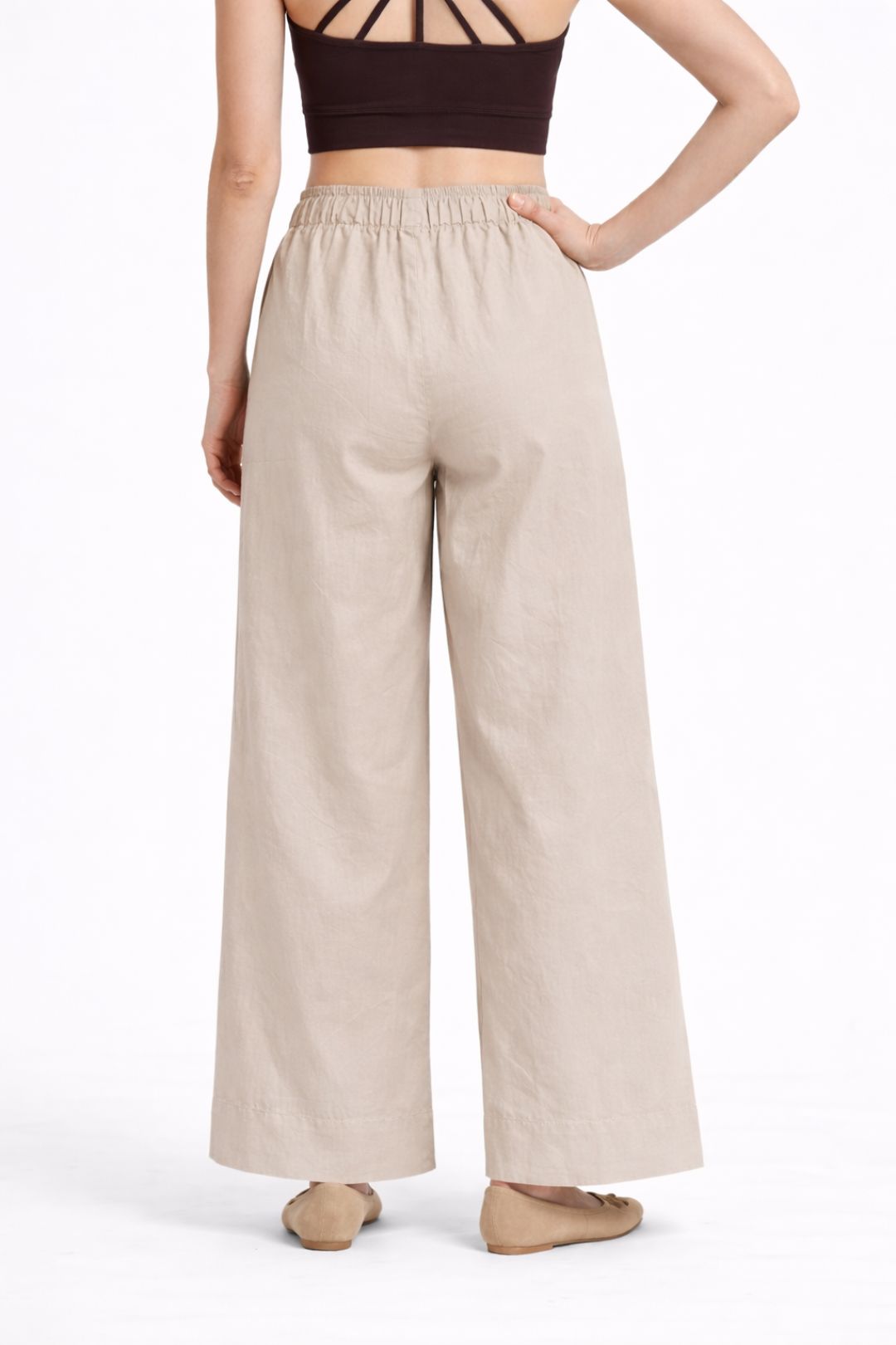 Women Light Beige Cotton Poplin Wide Leg Trouser Elastic Waist Drawstring Pants