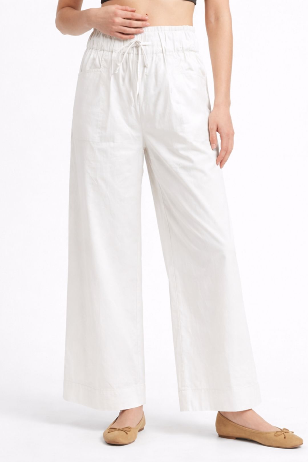 Women White Cotton Poplin Wide Leg Trouser Elastic Waist Drawstring Pants