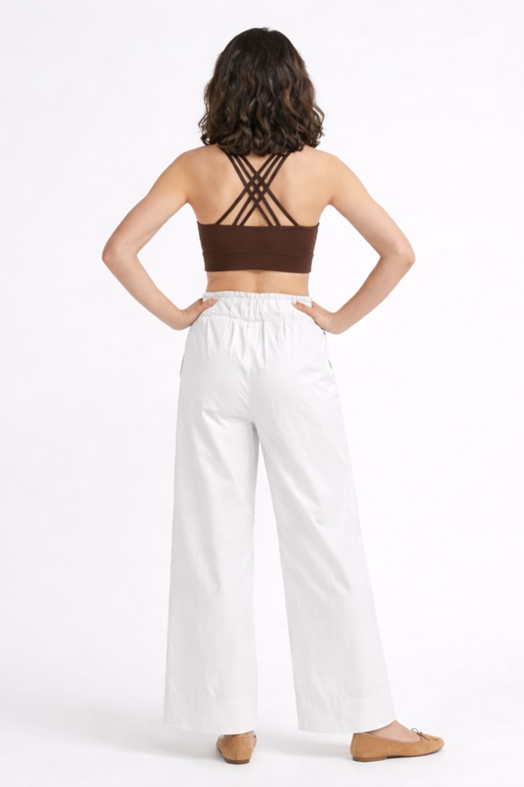 Women White Cotton Poplin Wide Leg Trouser Elastic Waist Drawstring Pants