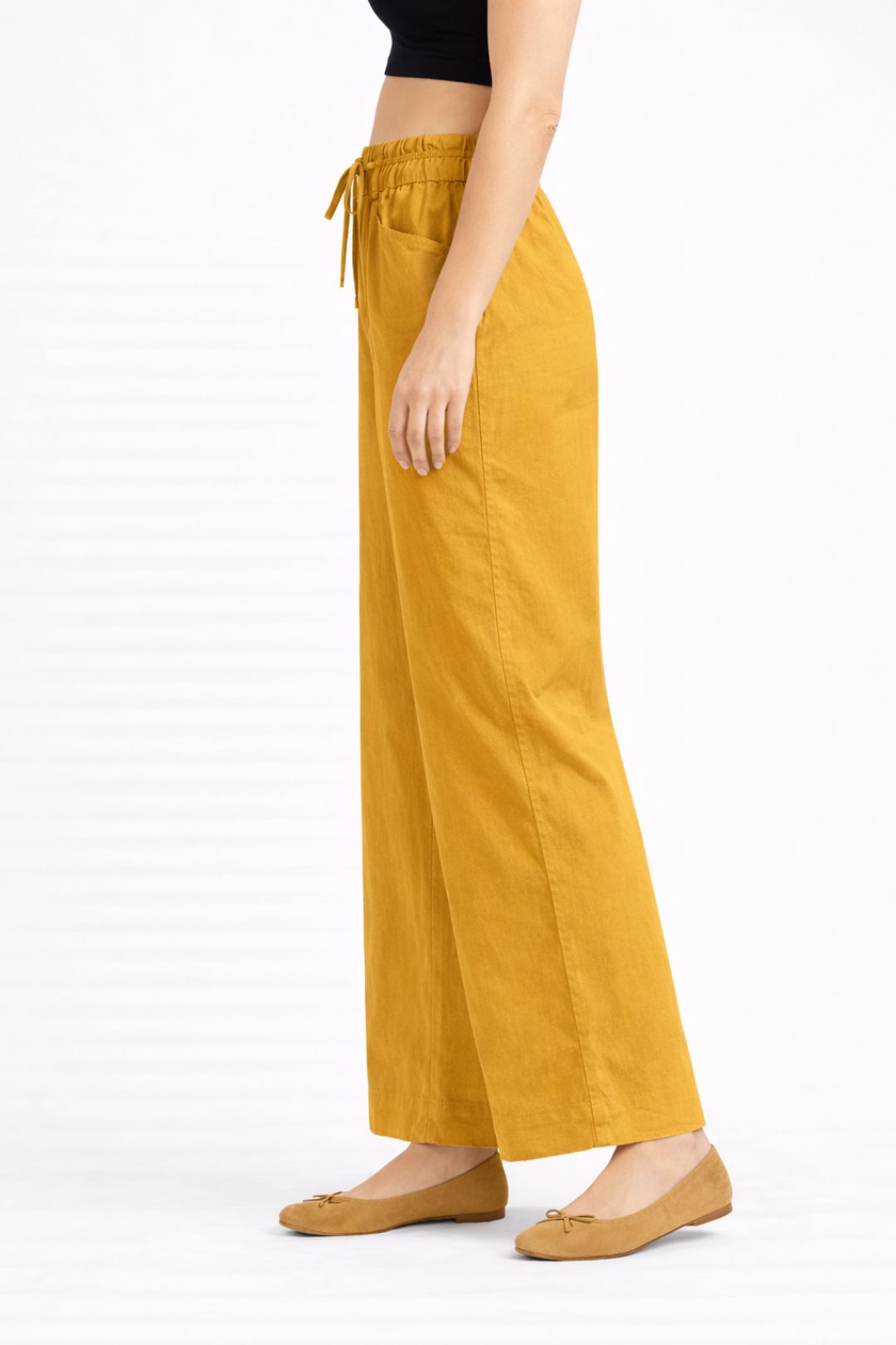 Women Mustard Yellow Cotton Poplin Wide Leg Trouser High Waist Drawstring Pants