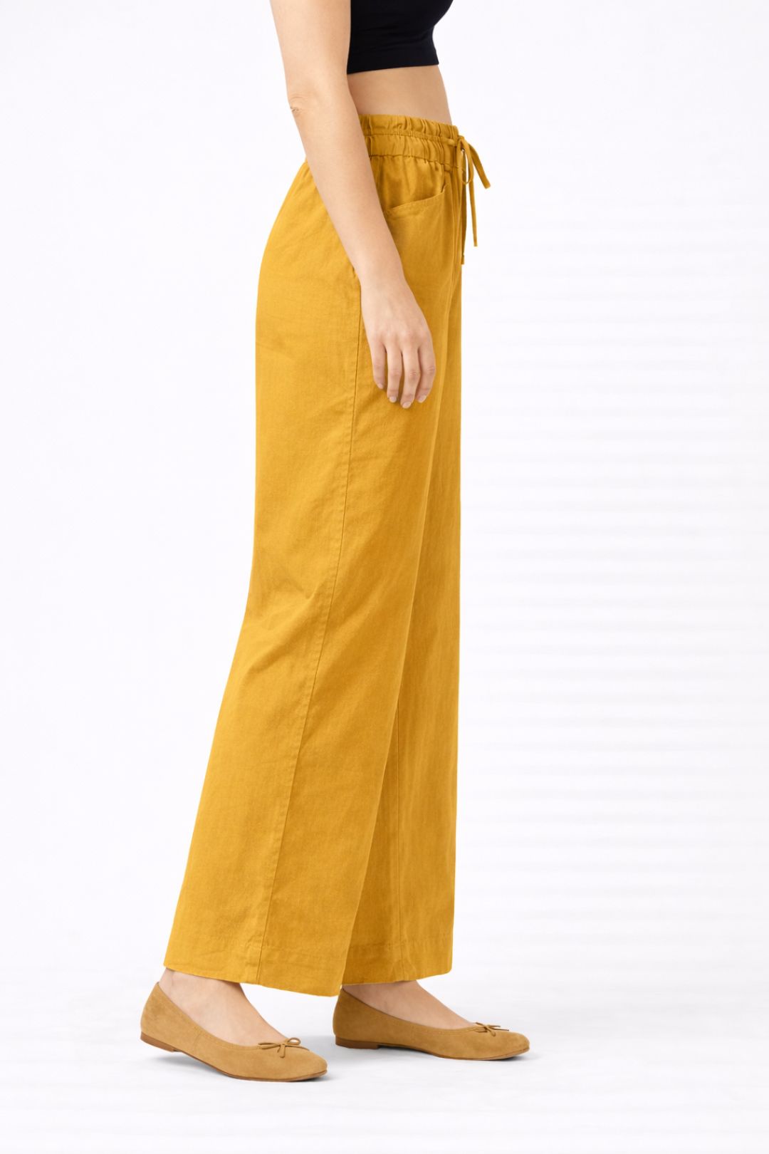 Women Mustard Yellow Cotton Poplin Wide Leg Trouser High Waist Drawstring Pants