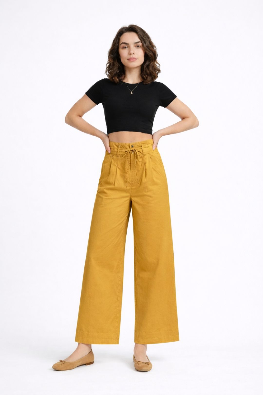 Women Mustard Yellow Cotton Poplin Wide Leg Trouser High Waist Drawstring Pants