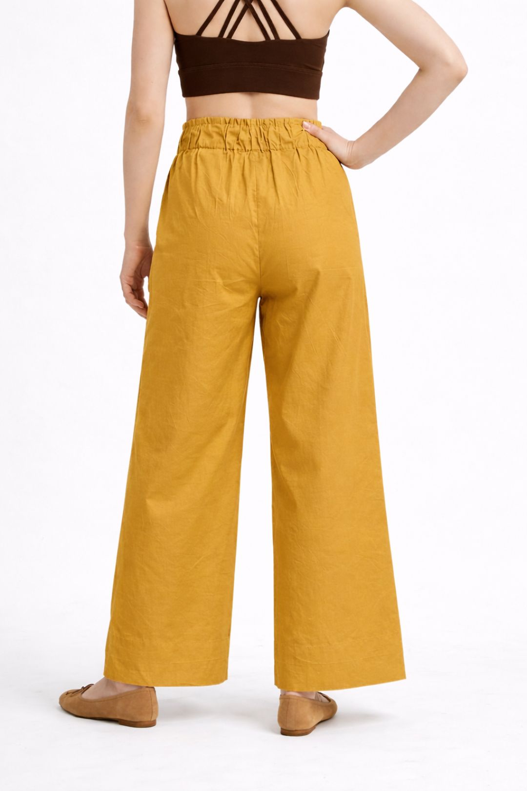 Women Mustard Yellow Cotton Poplin Wide Leg Trouser High Waist Drawstring Pants