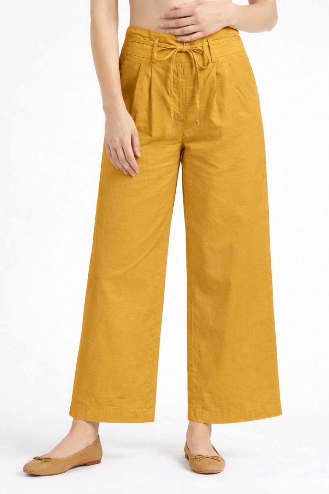 Women Mustard Yellow Cotton Poplin Wide Leg Trouser High Waist Drawstring Pants