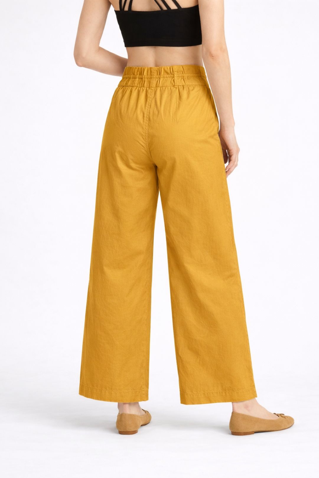 Women Mustard Yellow Cotton Poplin Wide Leg Trouser High Waist Drawstring Pants
