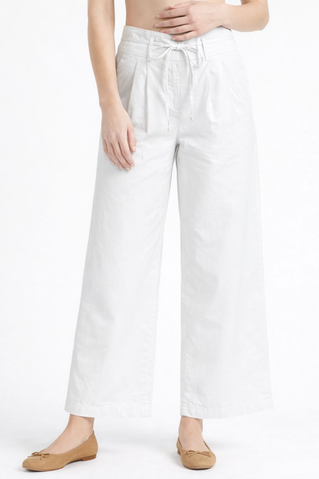 Women White Cotton Poplin Wide Leg Trouser High Waist Drawstring Pants